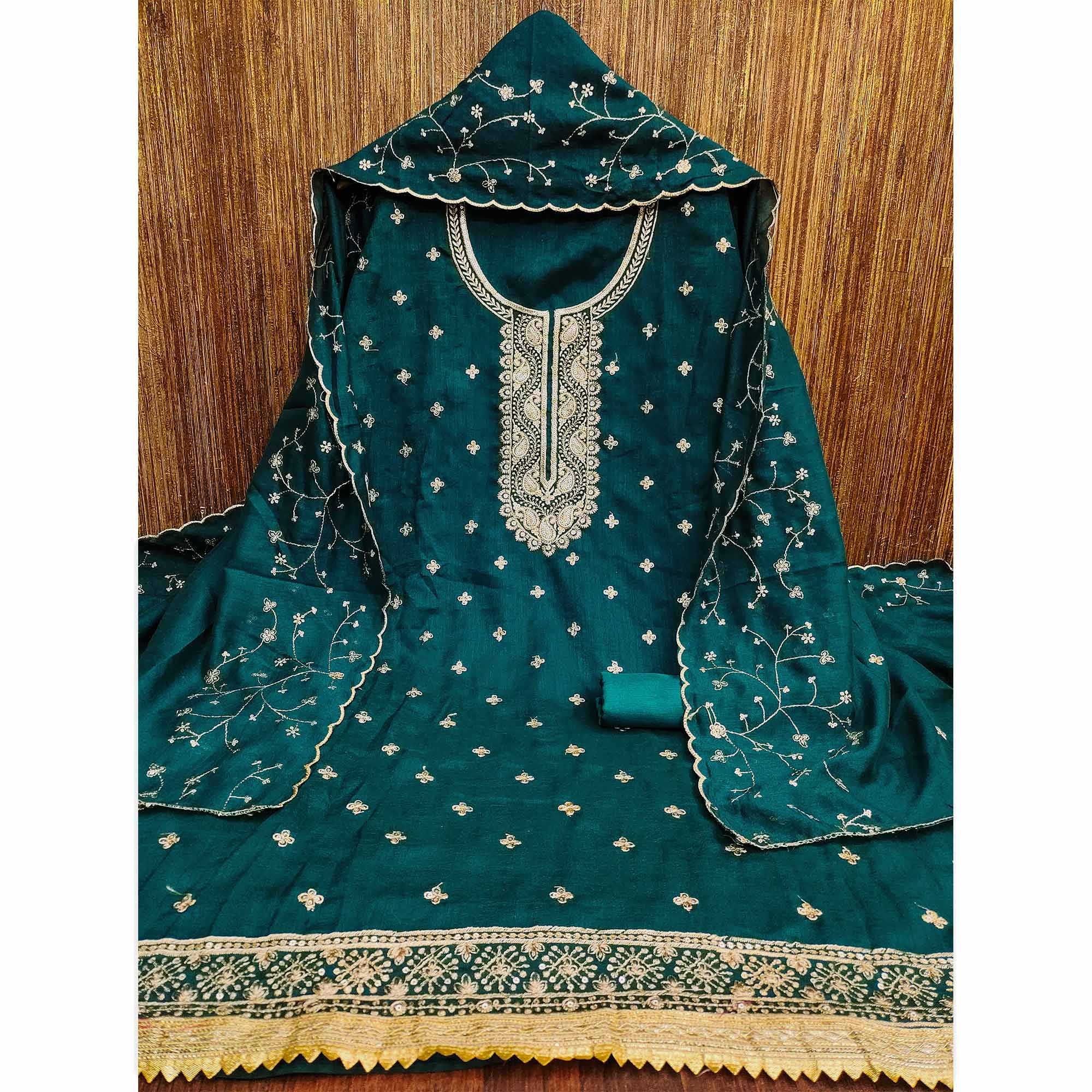 Teal Floral Embroidered Vichitra Silk Dress Material