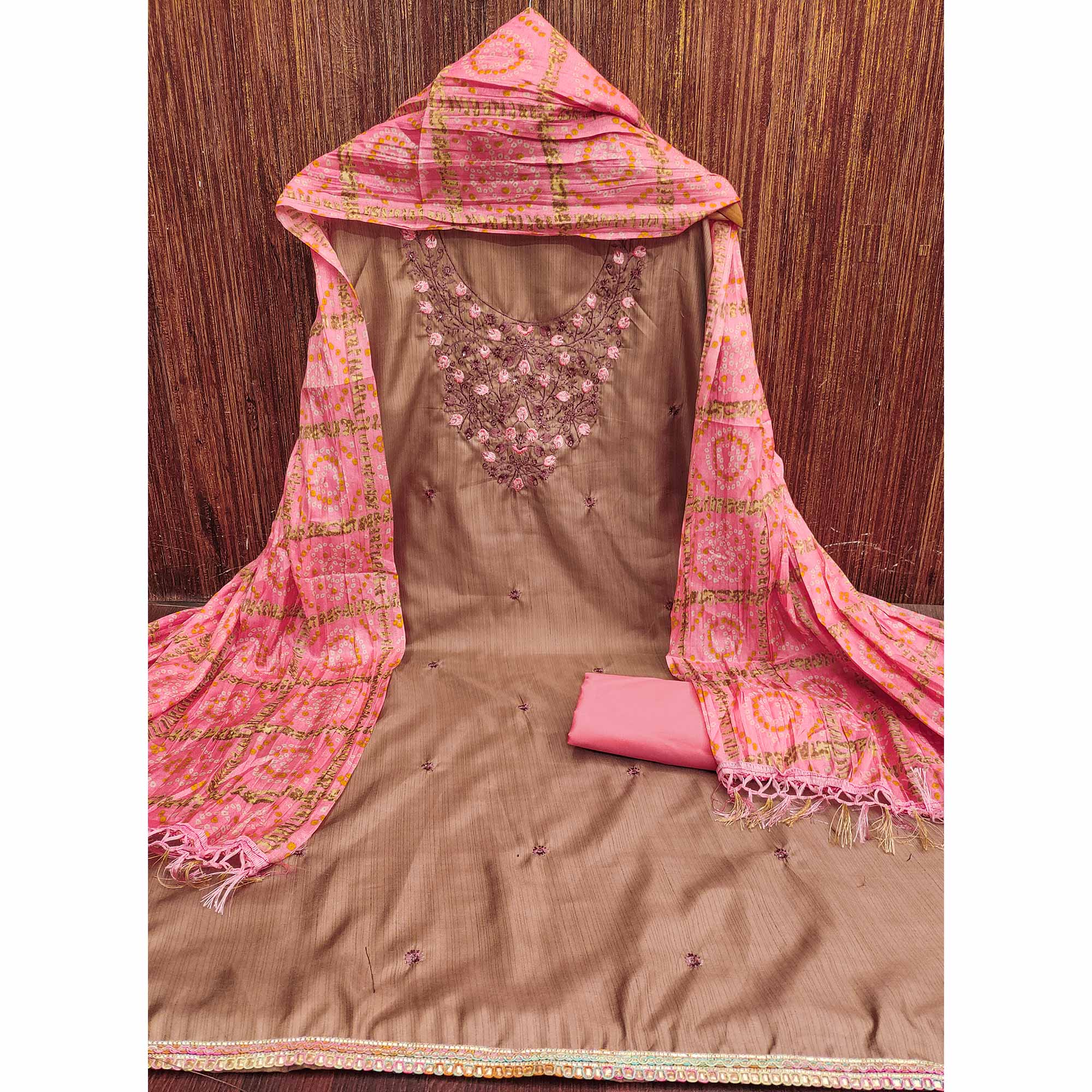 Chikoo Floral Sequins Embroidered Cotton Blend Dress Material