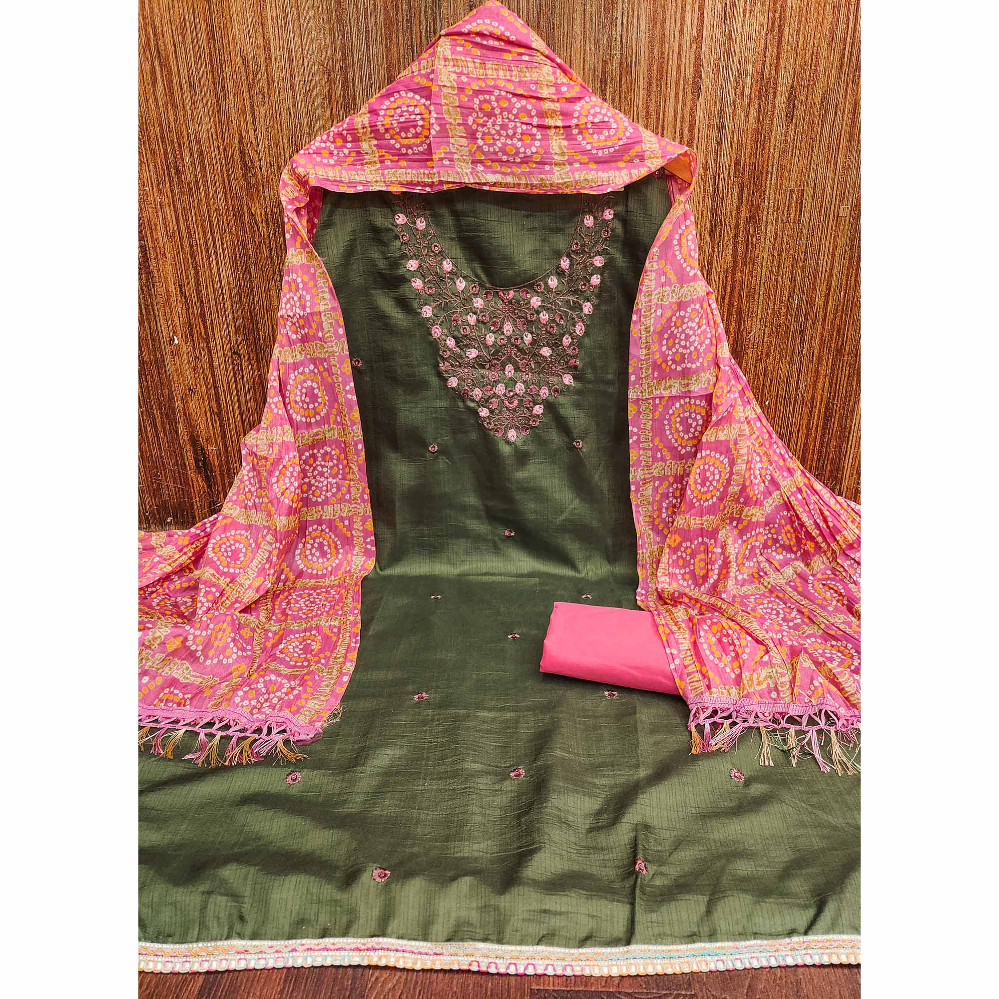 Mehendi Green Floral Sequins Embroidered Cotton Blend Dress Material