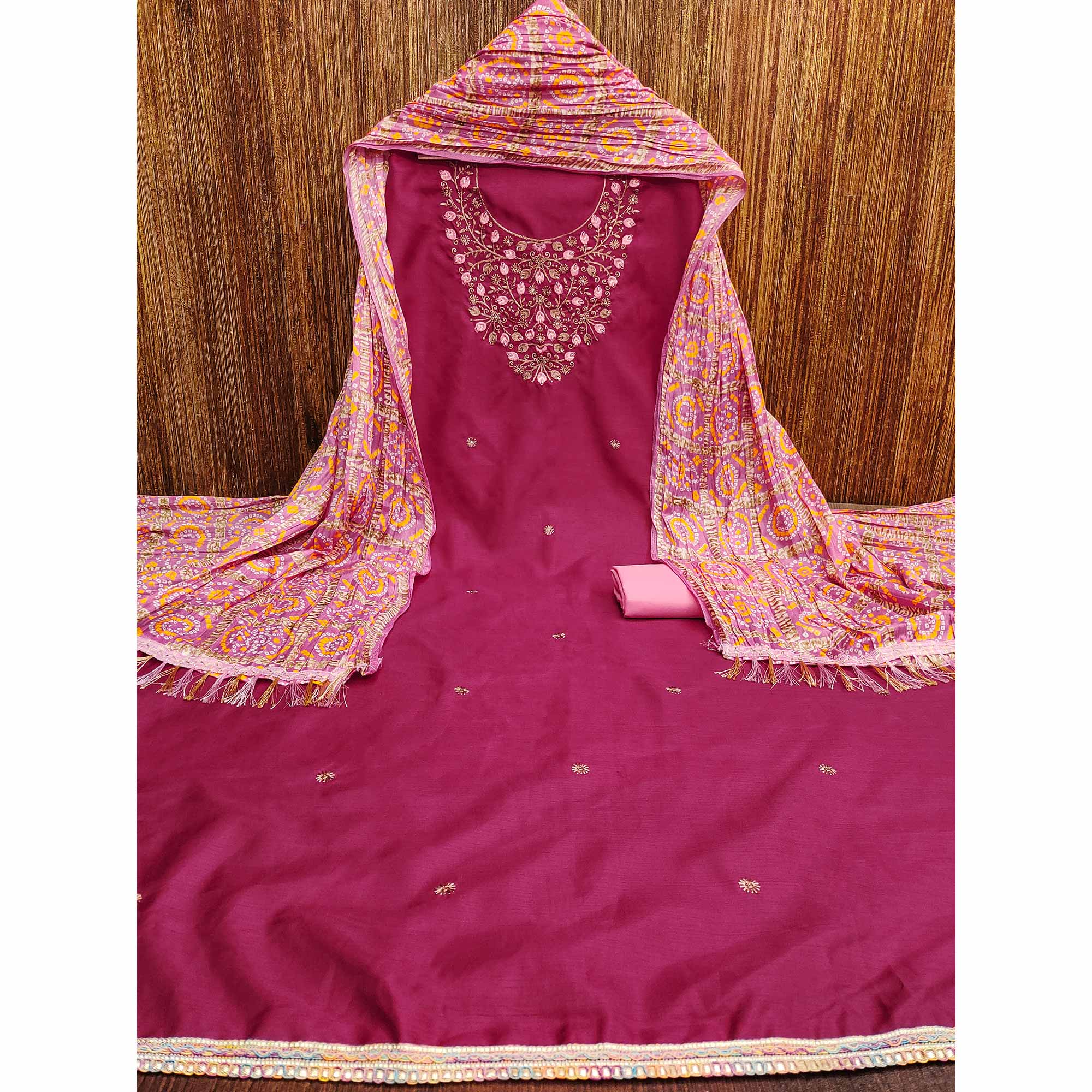 Pink Floral Sequins Embroidered Cotton Blend Dress Material