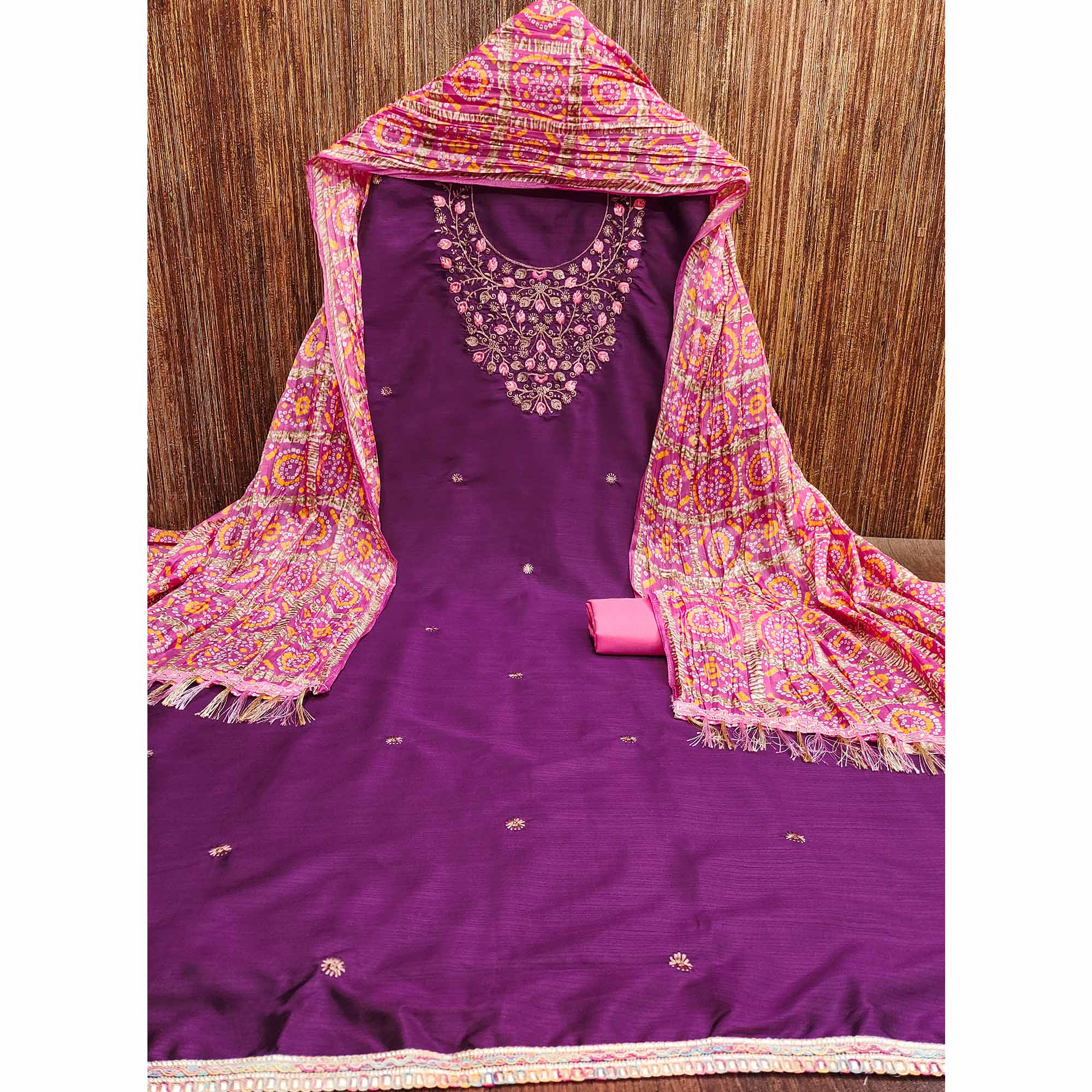 Purple Floral Sequins Embroidered Cotton Blend Dress Material