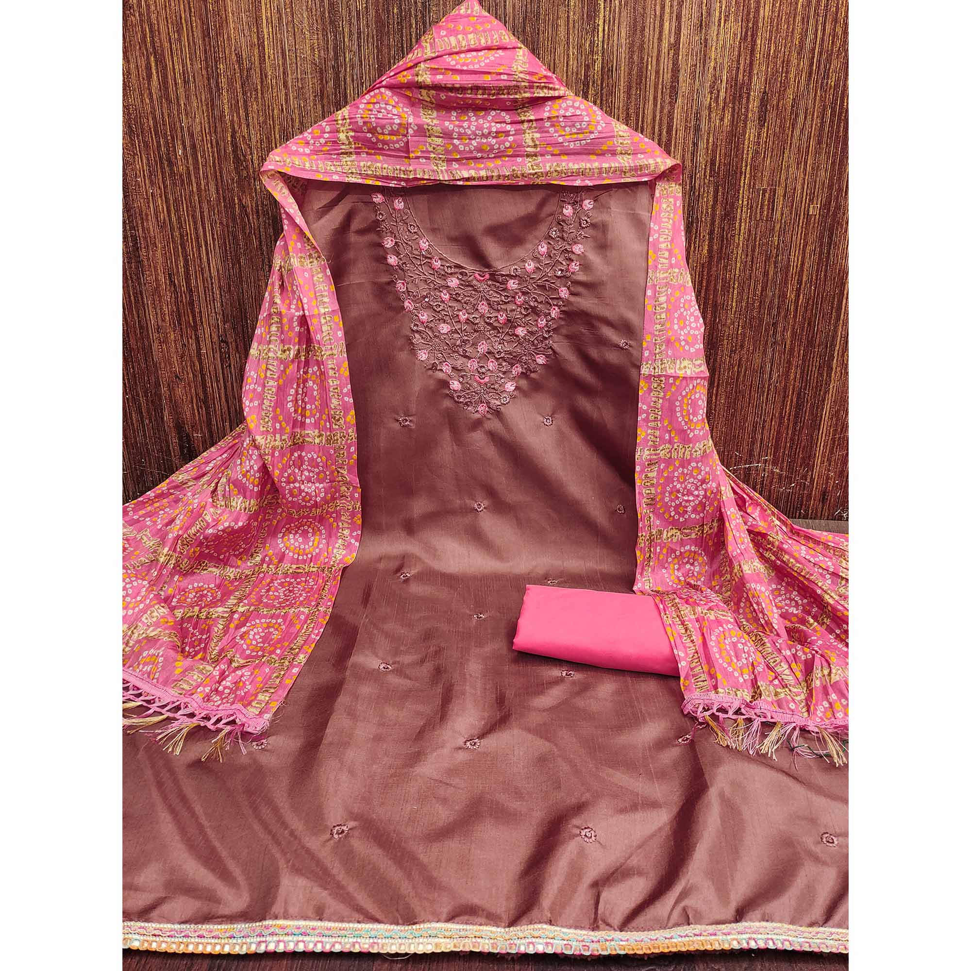 Rust Floral Sequins Embroidered Cotton Blend Dress Material