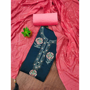 Dark Blue Pure Cotton Dress Material Adorned With Floral Embroidery & Sparkling Swarovski