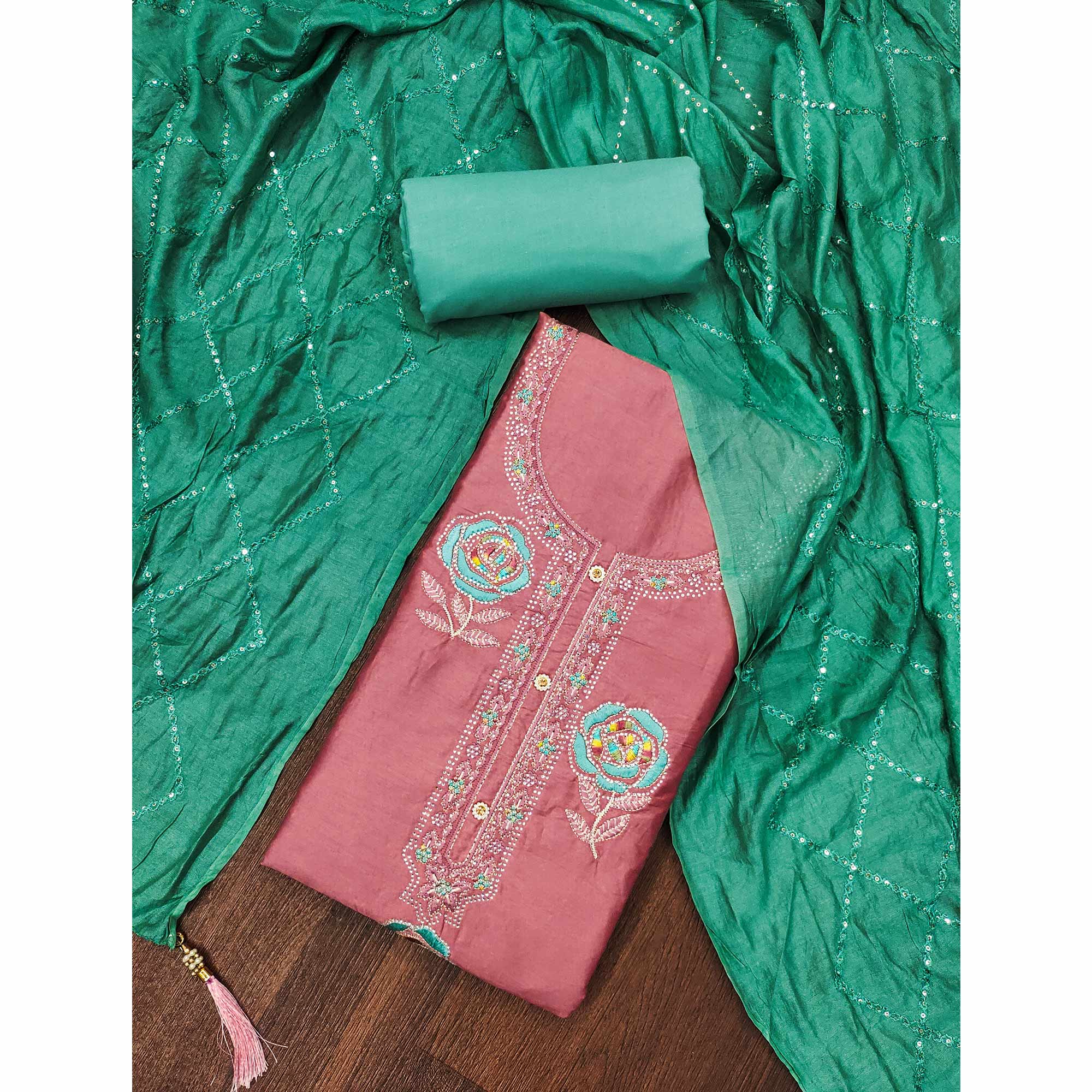 Peach Pure Cotton Dress Material Adorned With Floral Embroidery & Sparkling Swarovski