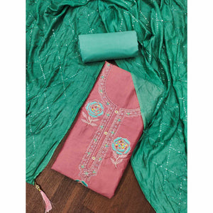 Peach Pure Cotton Dress Material Adorned With Floral Embroidery & Sparkling Swarovski