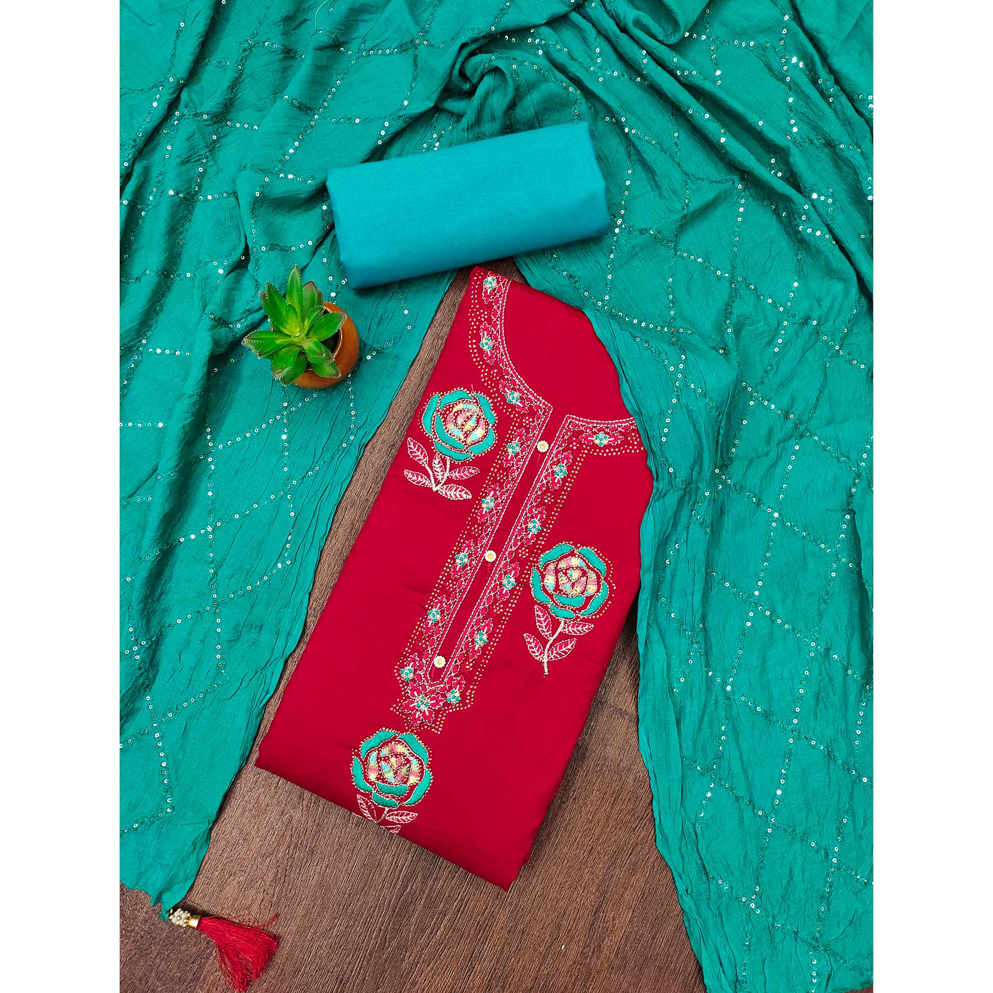 Pink Pure Cotton Dress Material Adorned With Floral Embroidery & Sparkling Swarovski