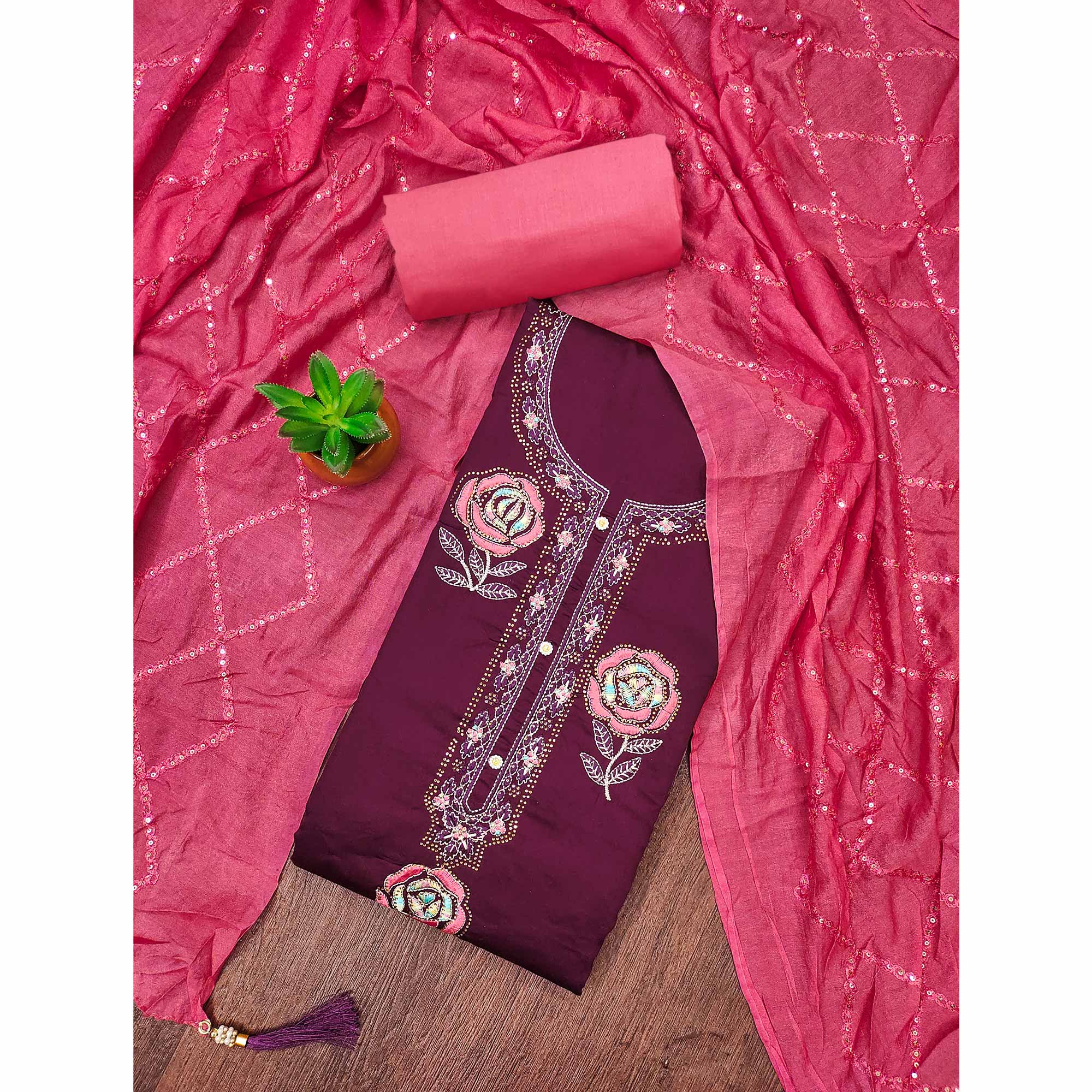 Wine Pure Cotton Dress Material Adorned With Floral Embroidery & Sparkling Swarovski