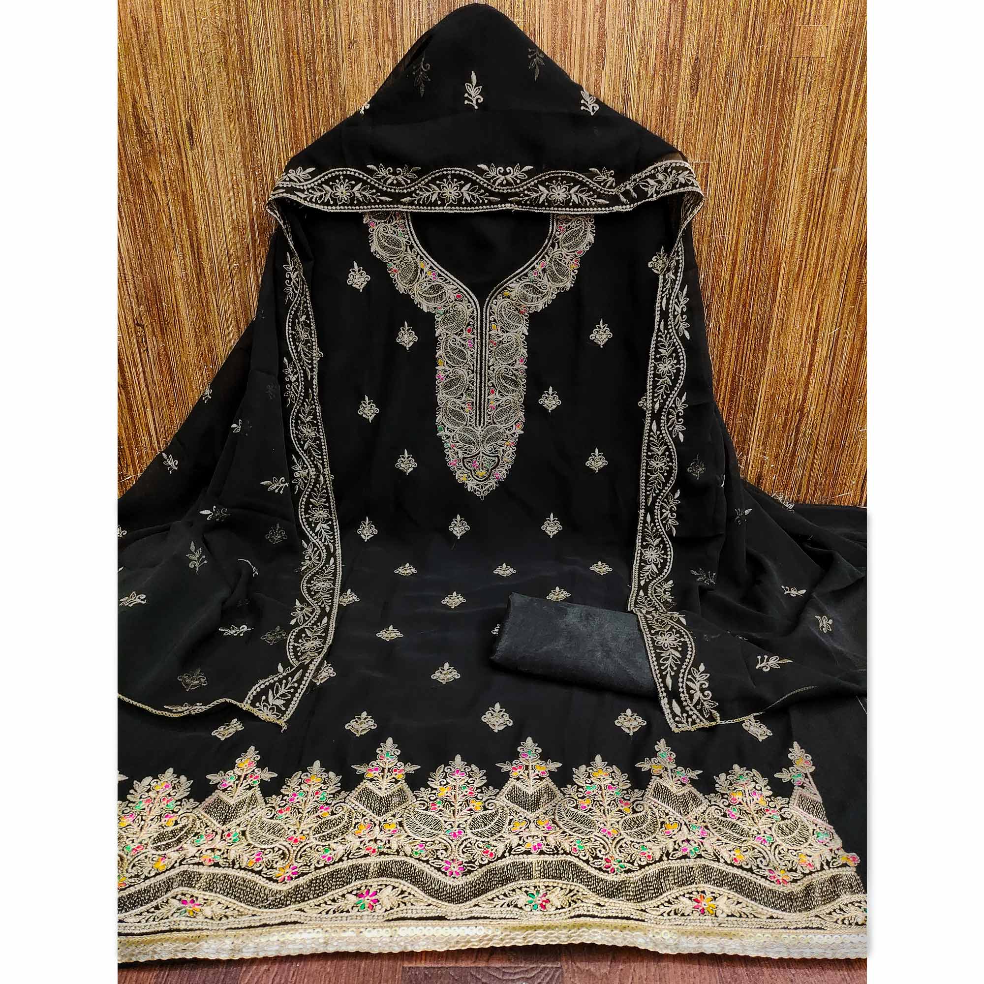 Black Floral Embroidered Georgette Dress Material