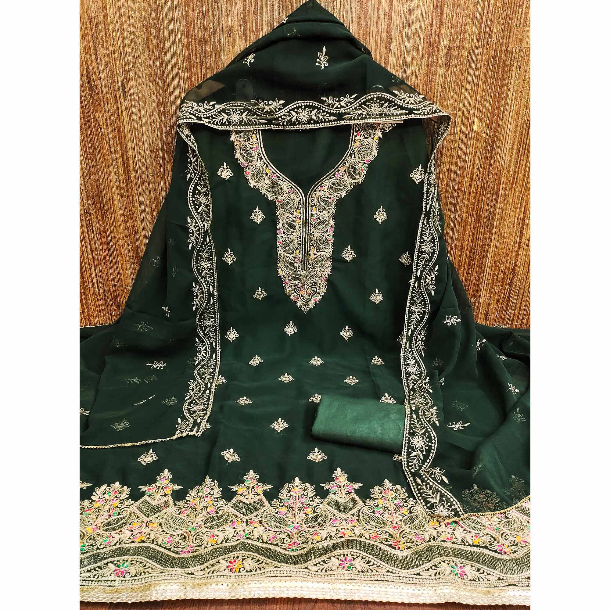 Green Floral Embroidered Georgette Dress Material