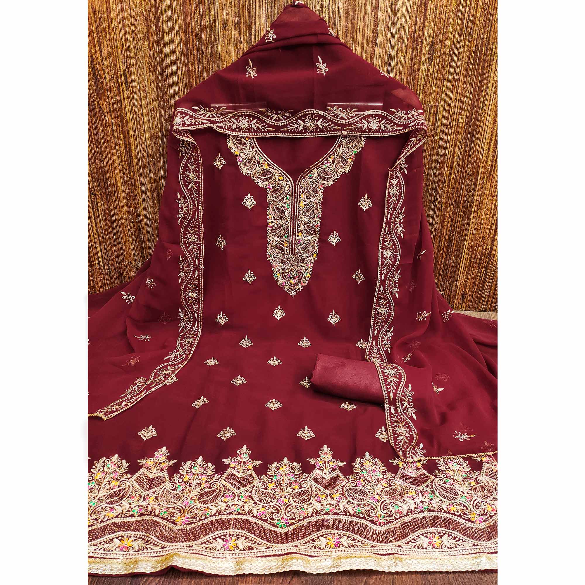 Maroon Floral Embroidered Georgette Dress Material