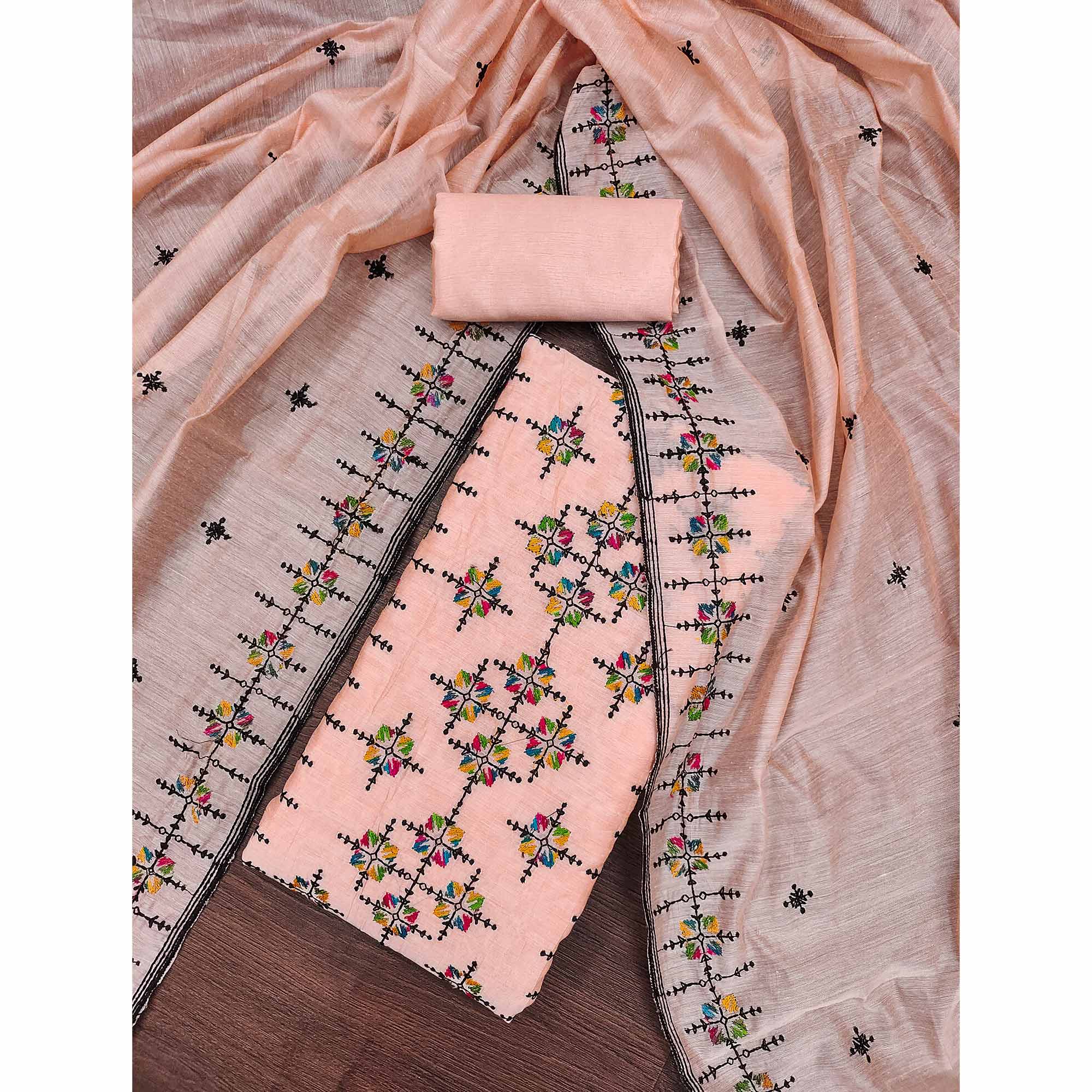 Peach Embroidered Chanderi Cotton Dress Material