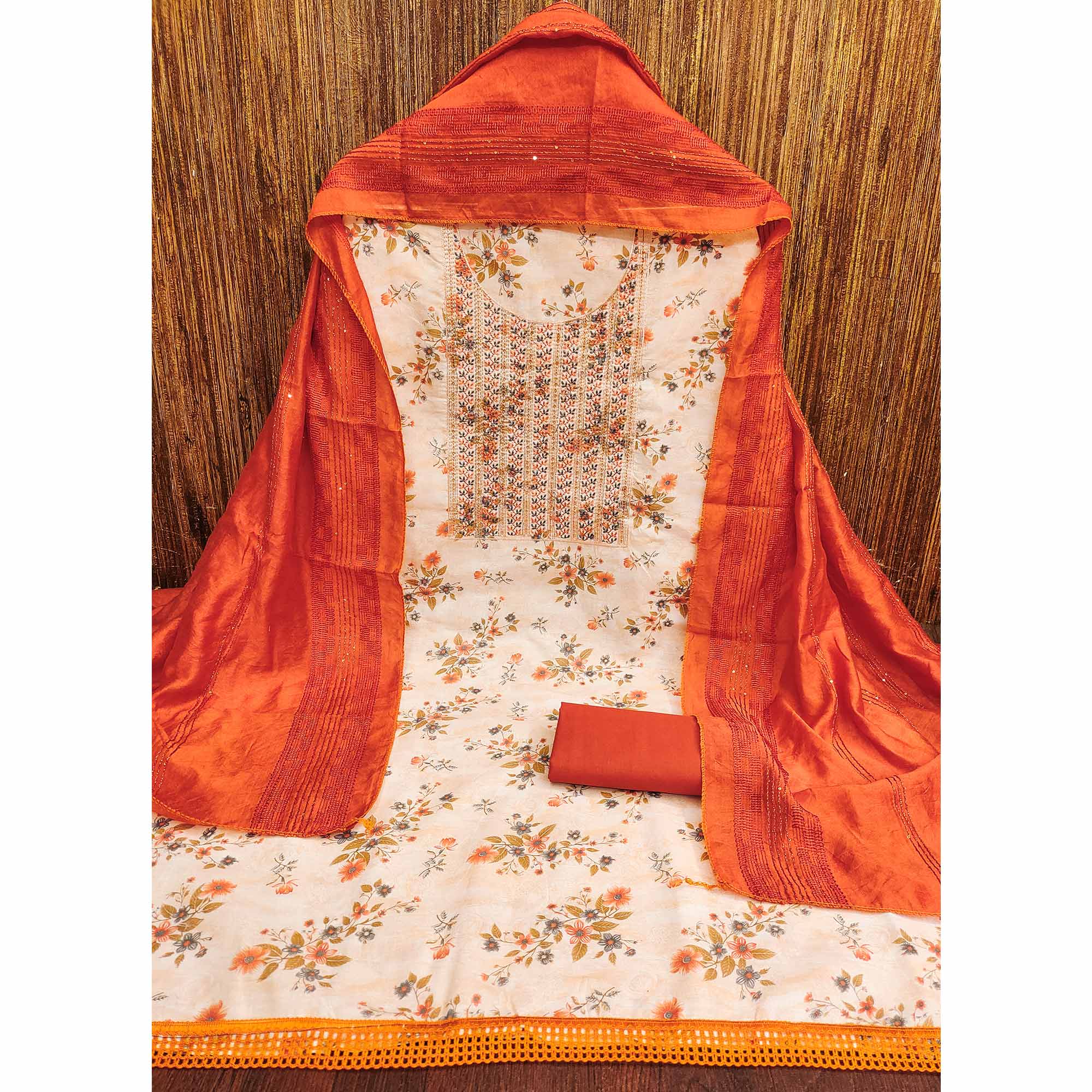 White & Orange Cotton Blend Dress Material With Floral Digital Print & Embroidery
