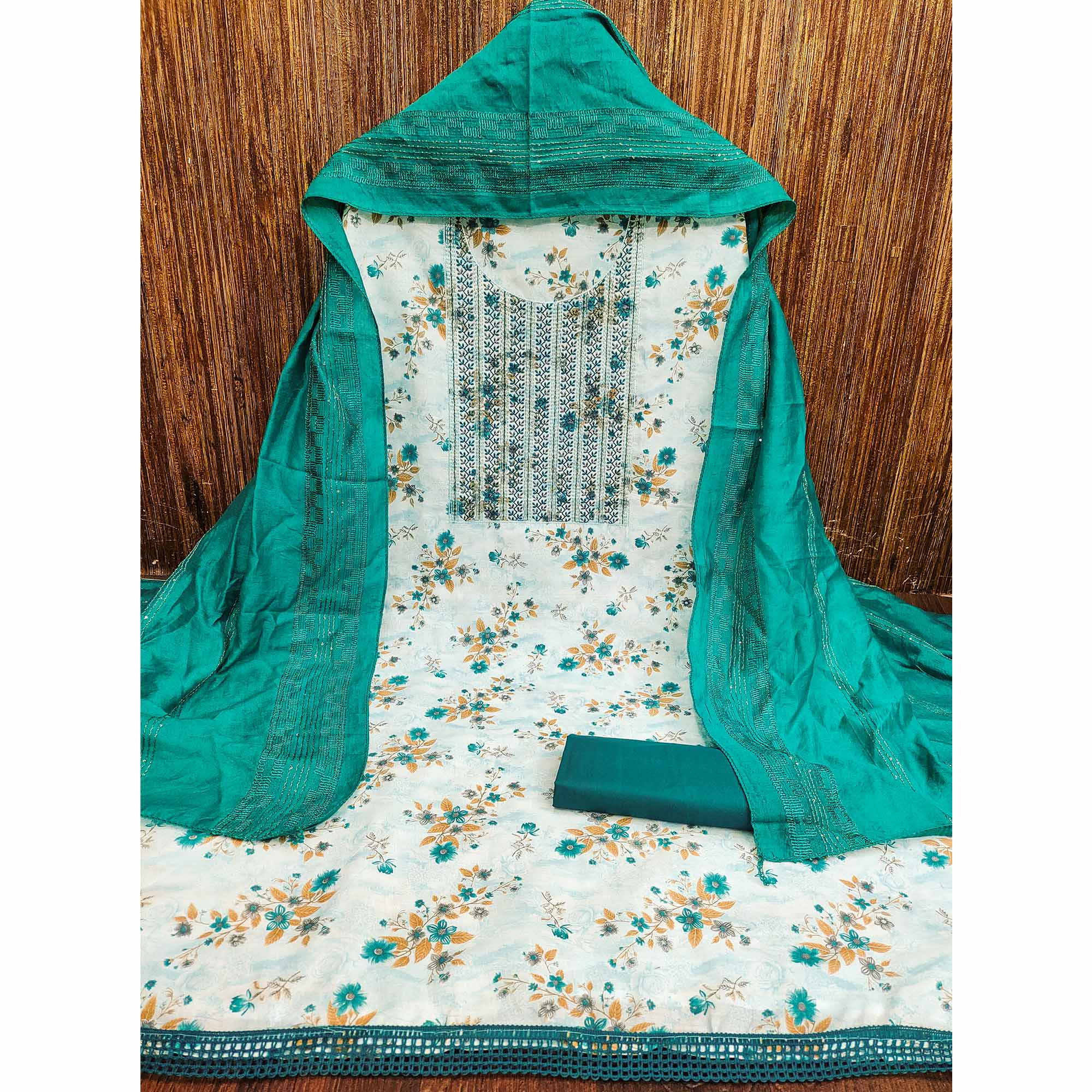 White & Teal Cotton Blend Dress Material With Floral Digital Print & Embroidery