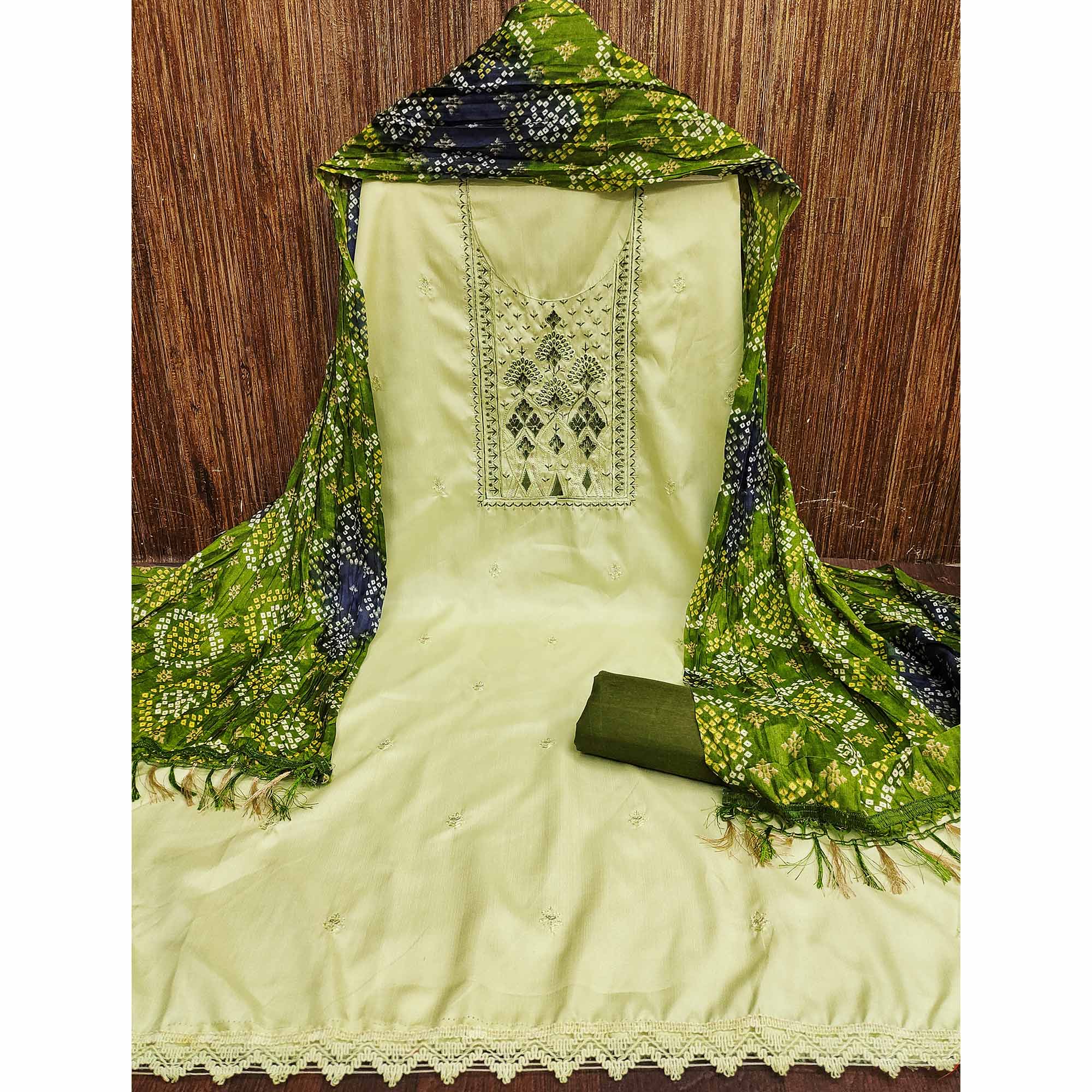 Green Cotton Silk Dress Material With Delicate Floral Sequin Embroidery