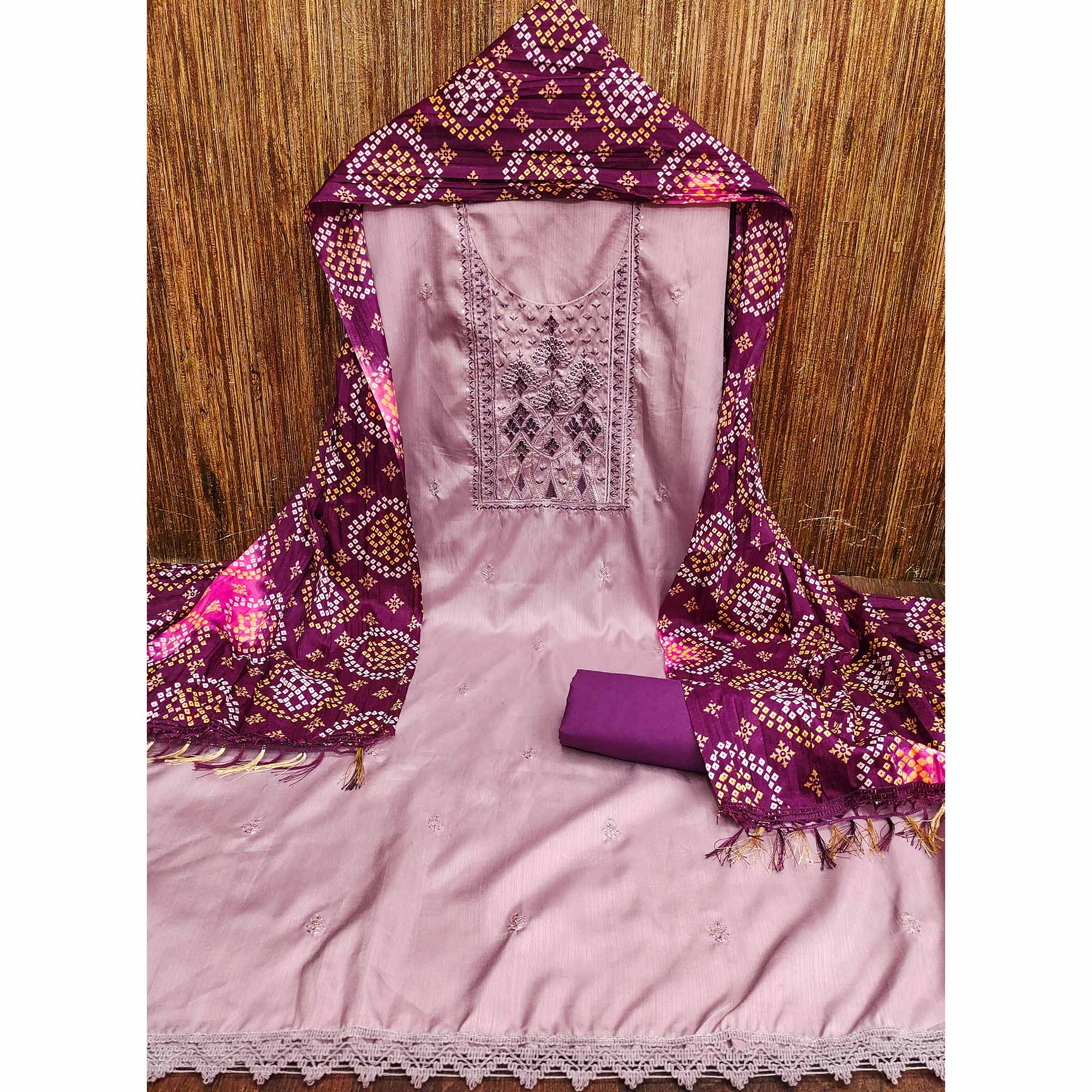 Lavender Cotton Silk Dress Material With Delicate Floral Sequin Embroidery