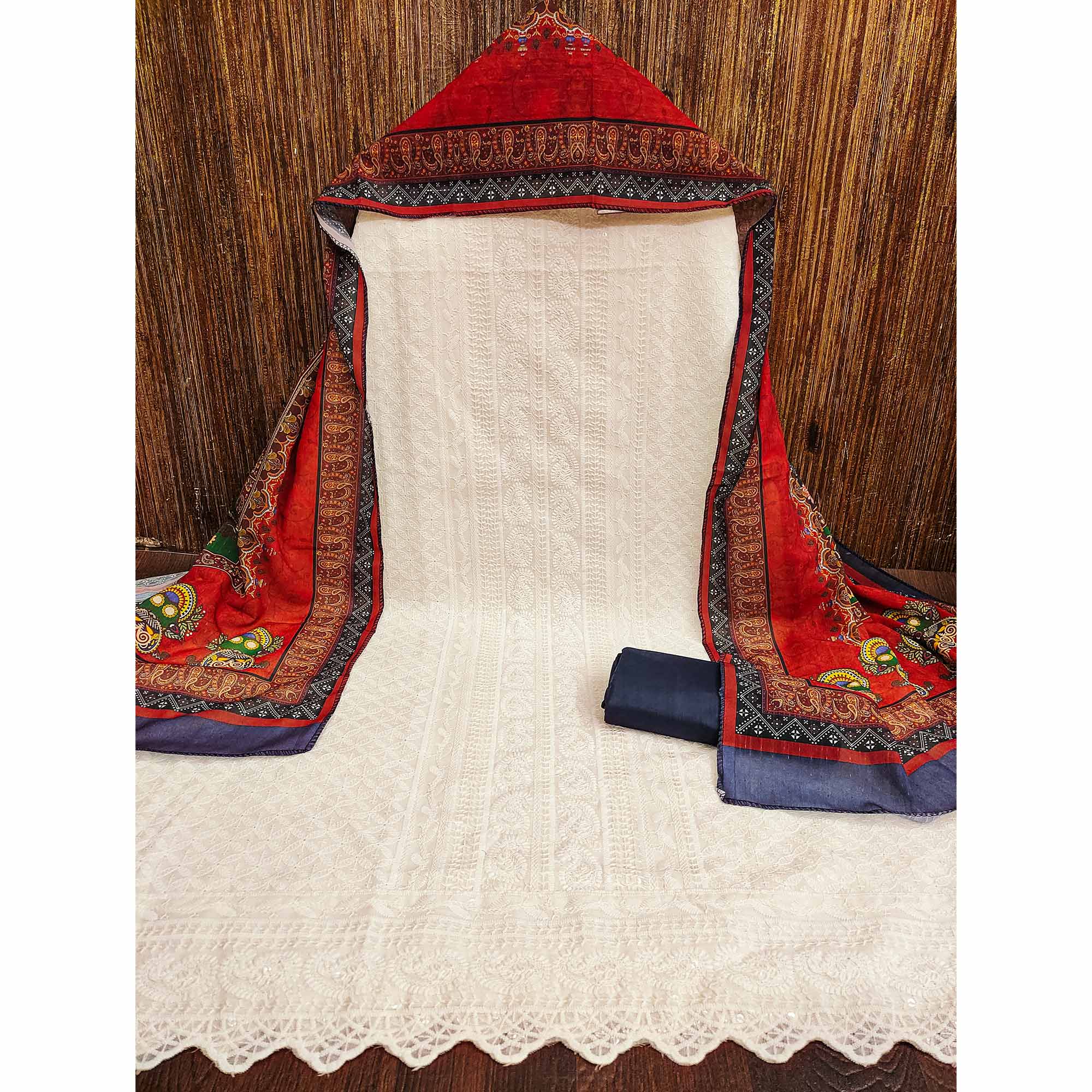 White & Blue Cotton Blend Dress Material With Elegant Schiffli & Sequins Work