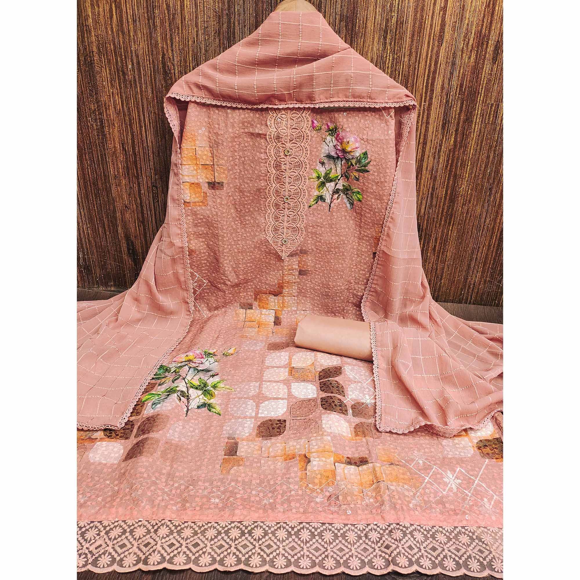 Dusty Peach Schiffli Embroidered Cotton Blend Dress Material With Floral Digital Print