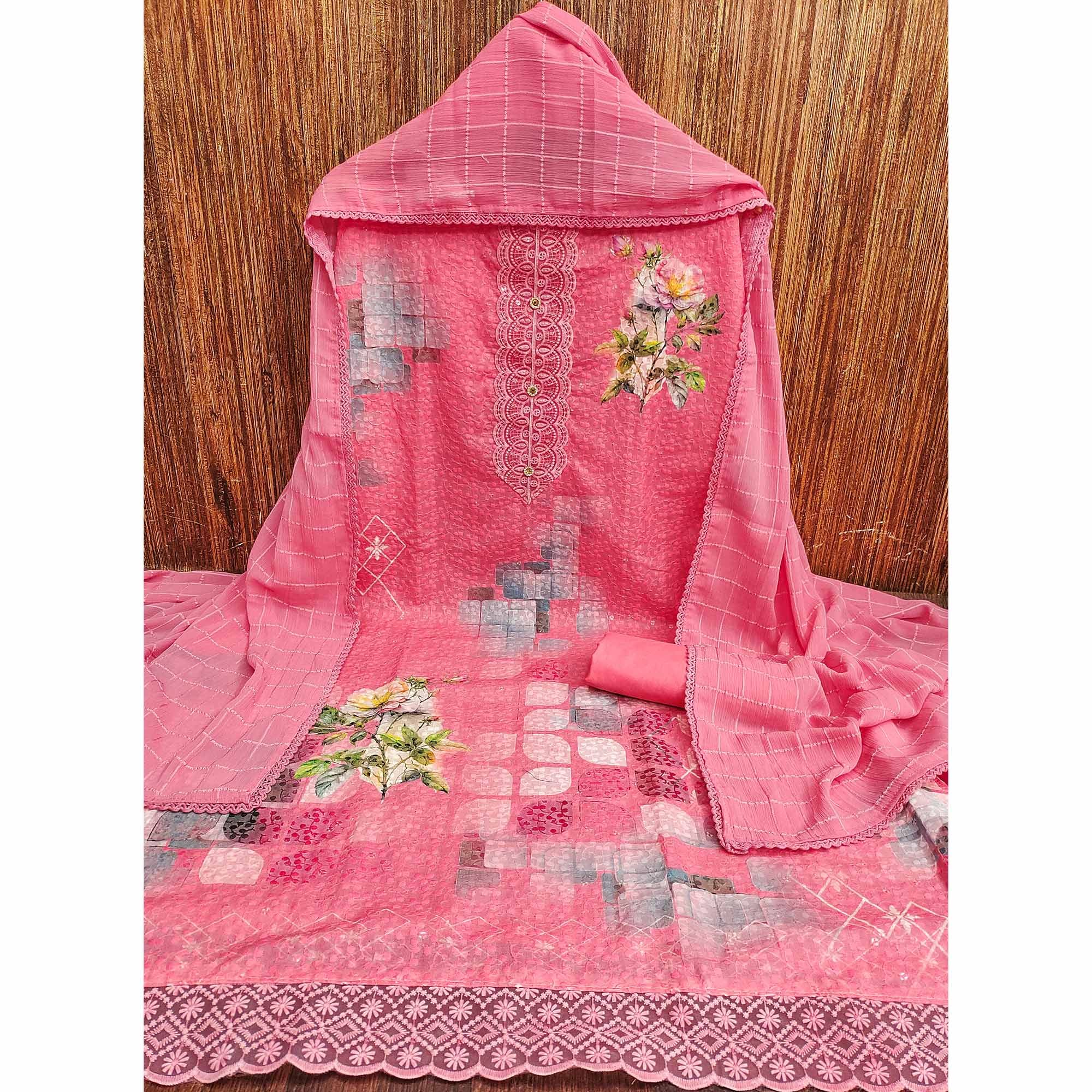 Pink Schiffli Embroidered Cotton Blend Dress Material With Floral Digital Print