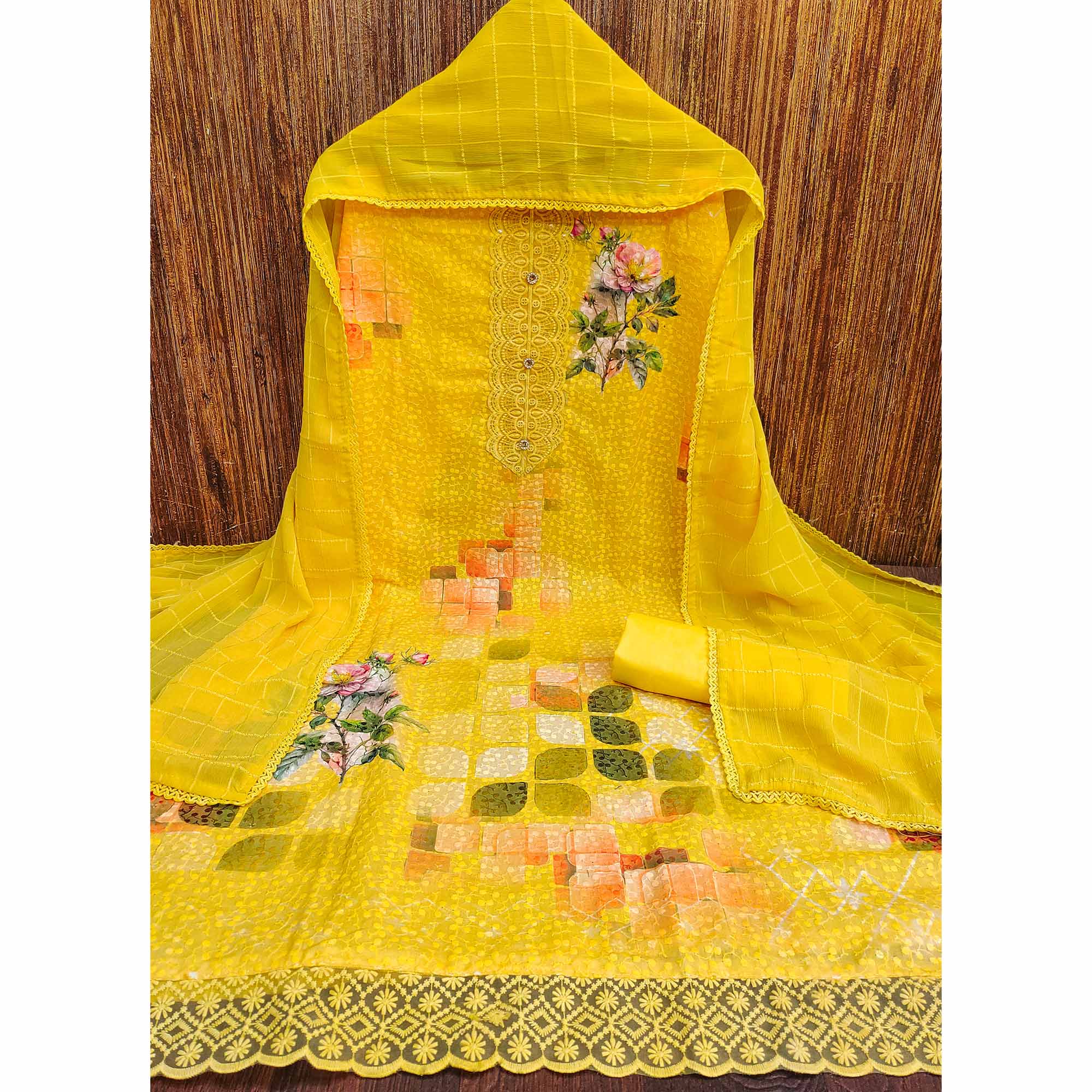 Yellow Schiffli Embroidered Cotton Blend Dress Material With Floral Digital Print