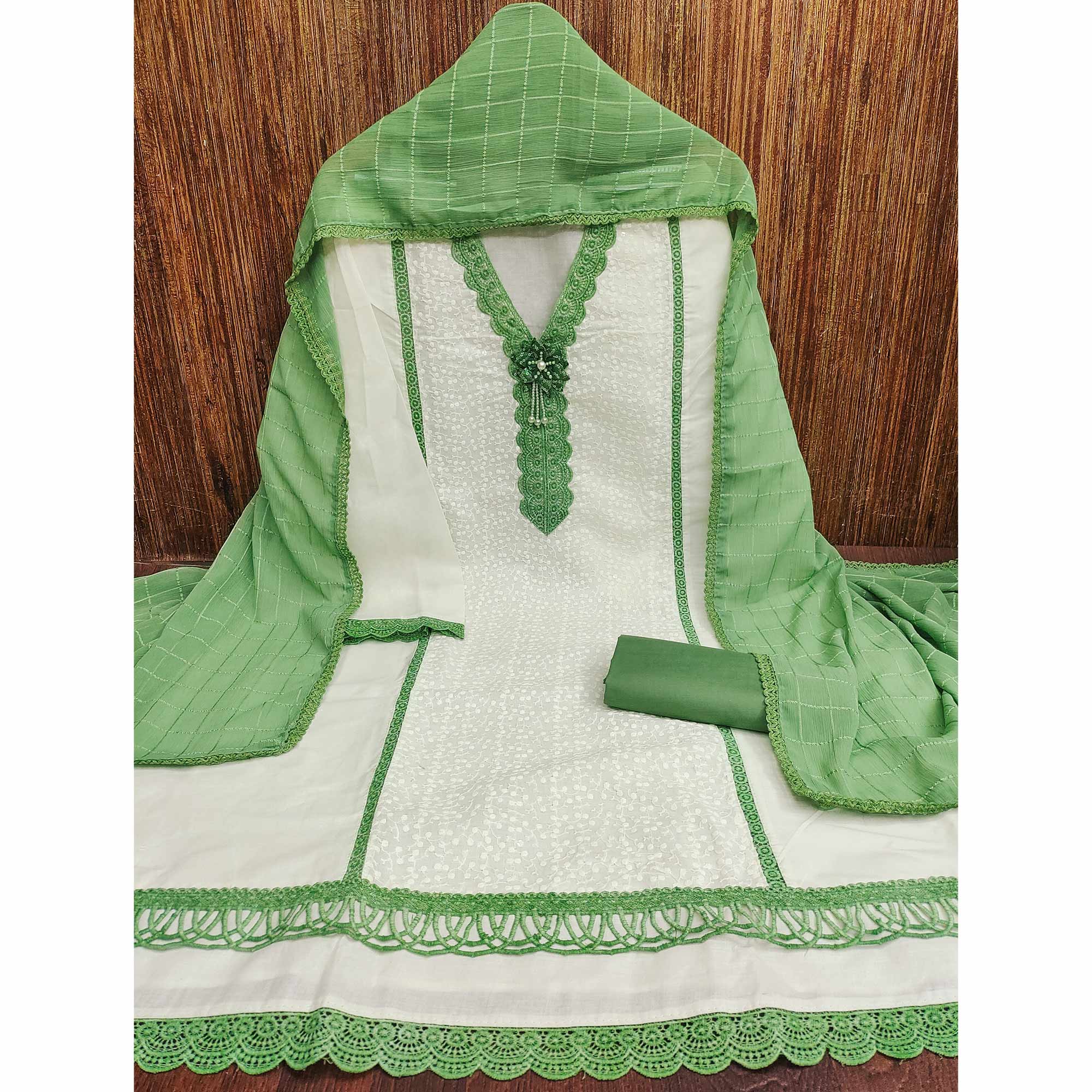 White & Green Cotton Blend Dress Material With Elegant Schiffli & Sequins Work