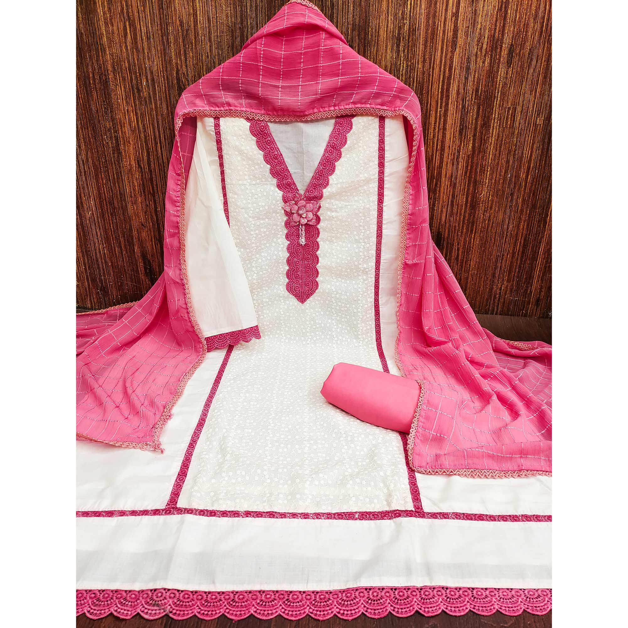 White & Pink Cotton Blend Dress Material With Elegant Schiffli & Sequins Work