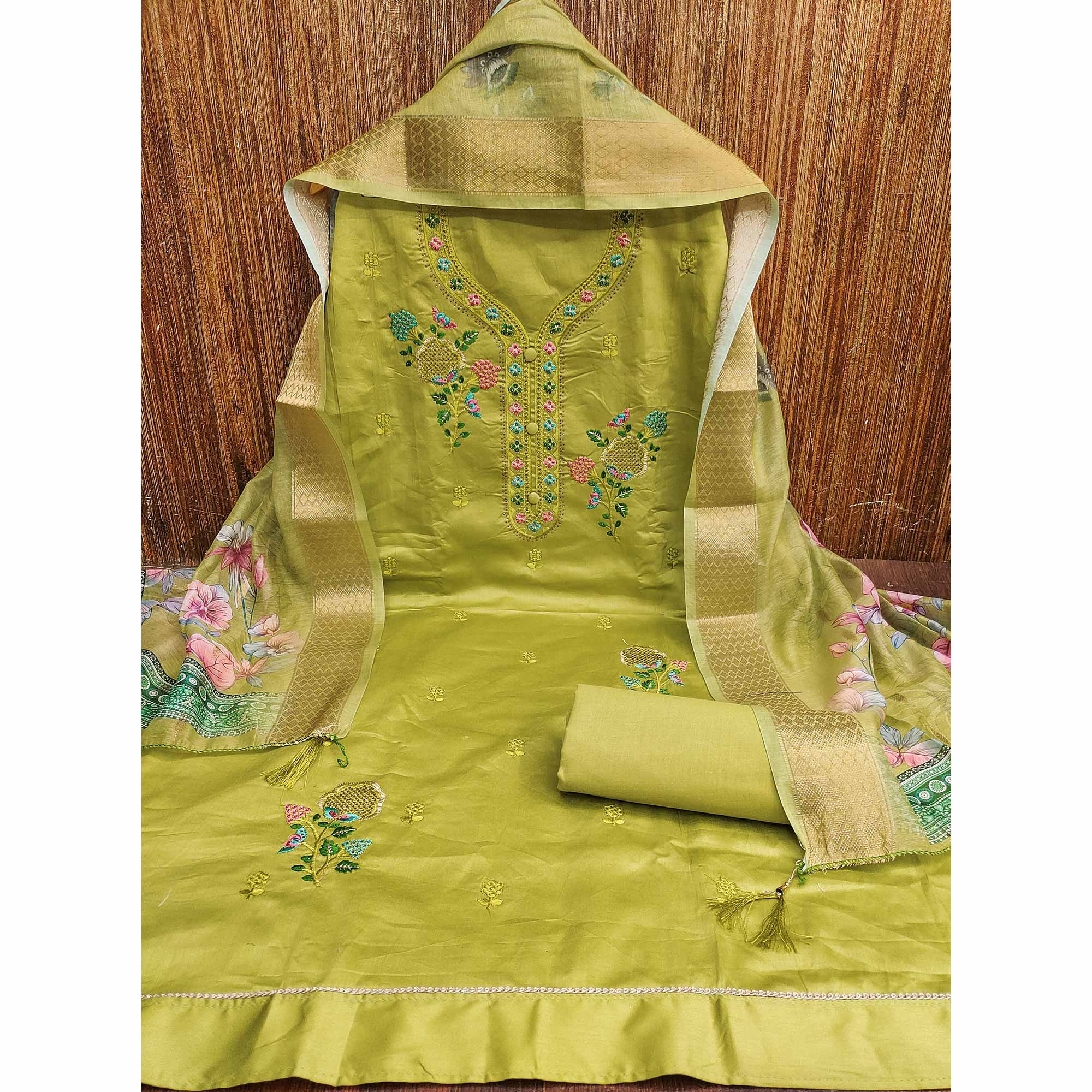 Elegant Green Pure Cotton Dress Material Showcasing Fine Floral Embroidery & Swarovski Work