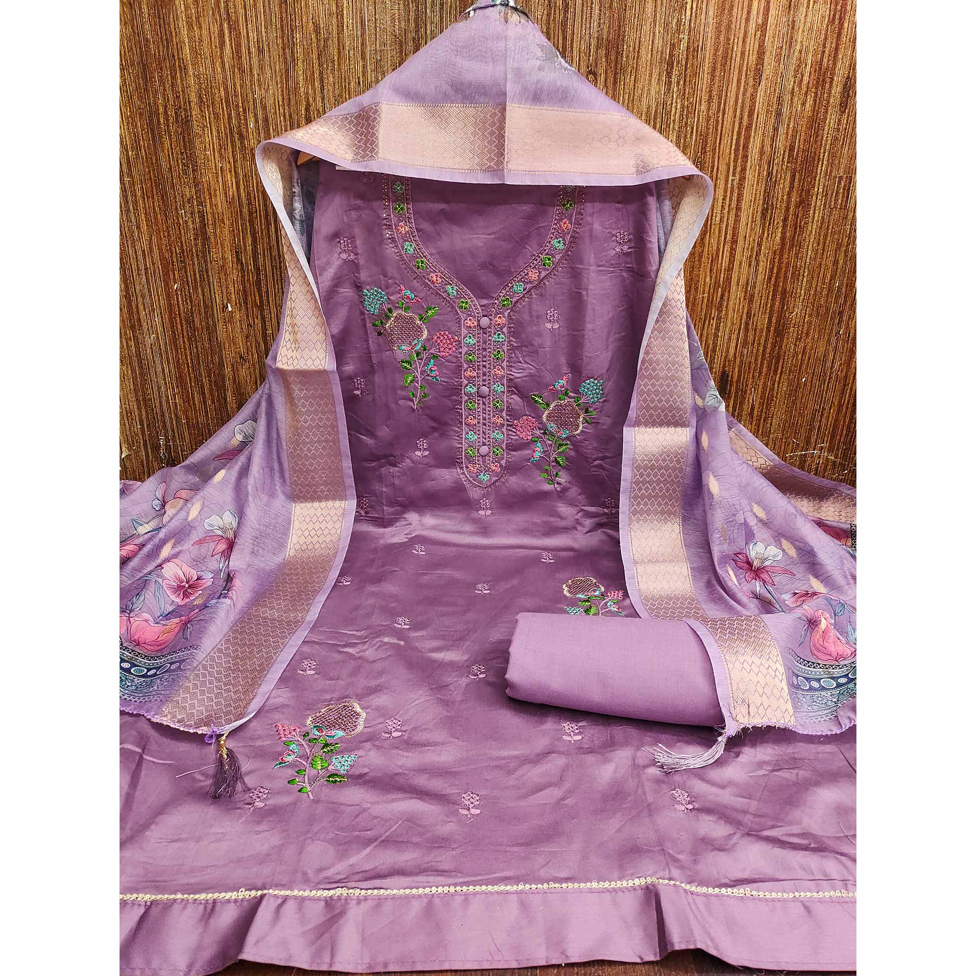 Elegant Lavender Pure Cotton Dress Material Showcasing Fine Floral Embroidery & Swarovski Work