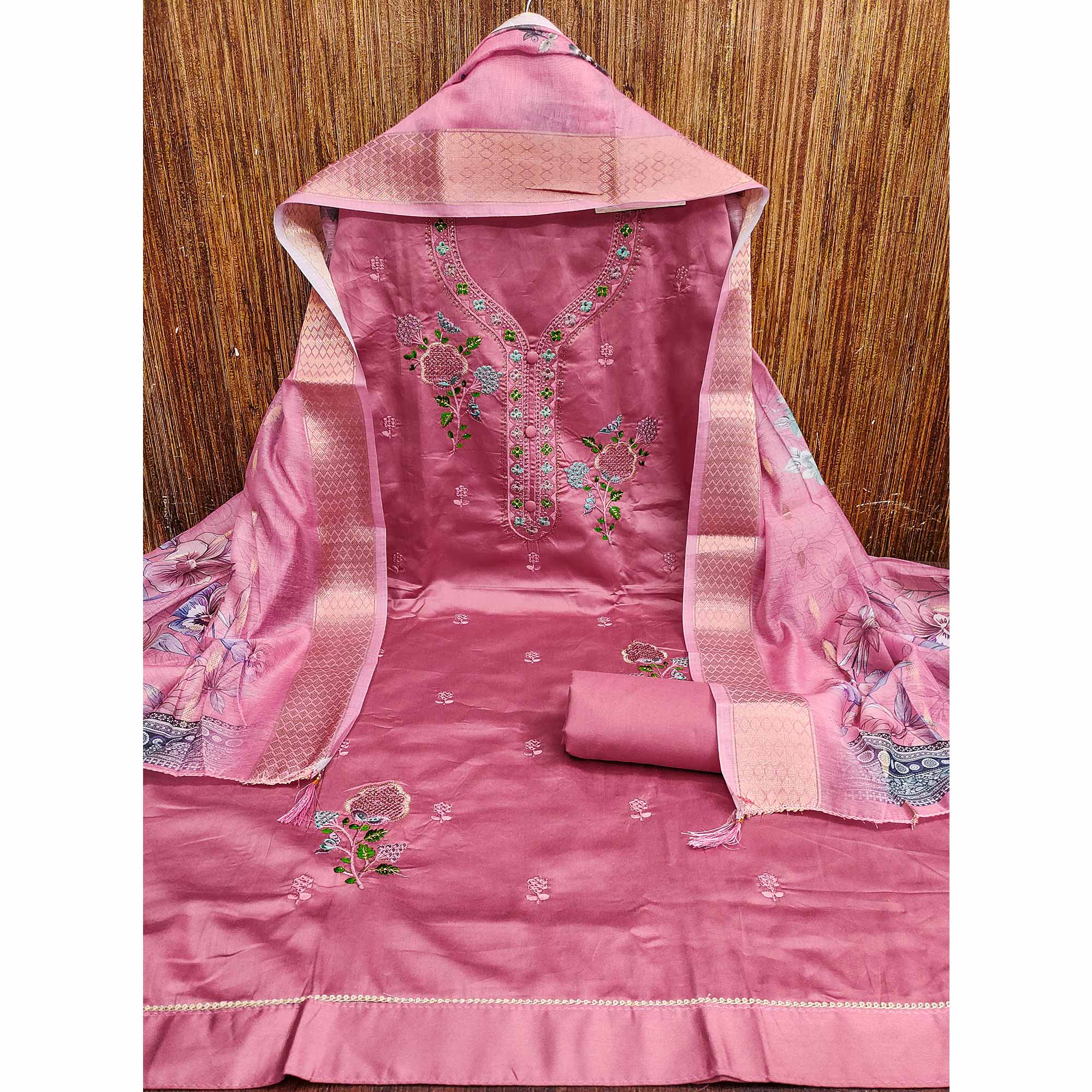 Elegant Pink Pure Cotton Dress Material Showcasing Fine Floral Embroidery & Swarovski Work