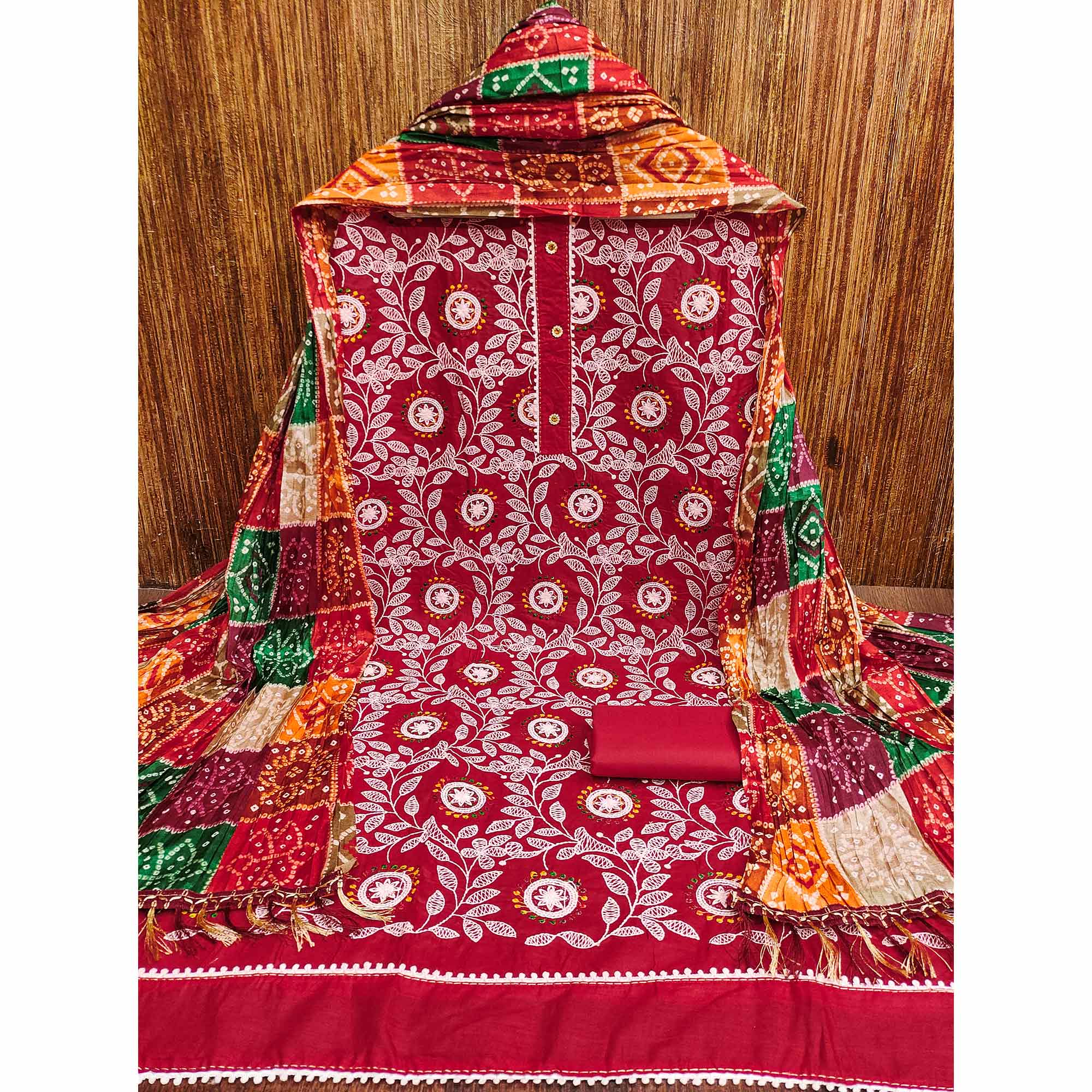 Red Floral Embroidered Cotton Blend Dress Material