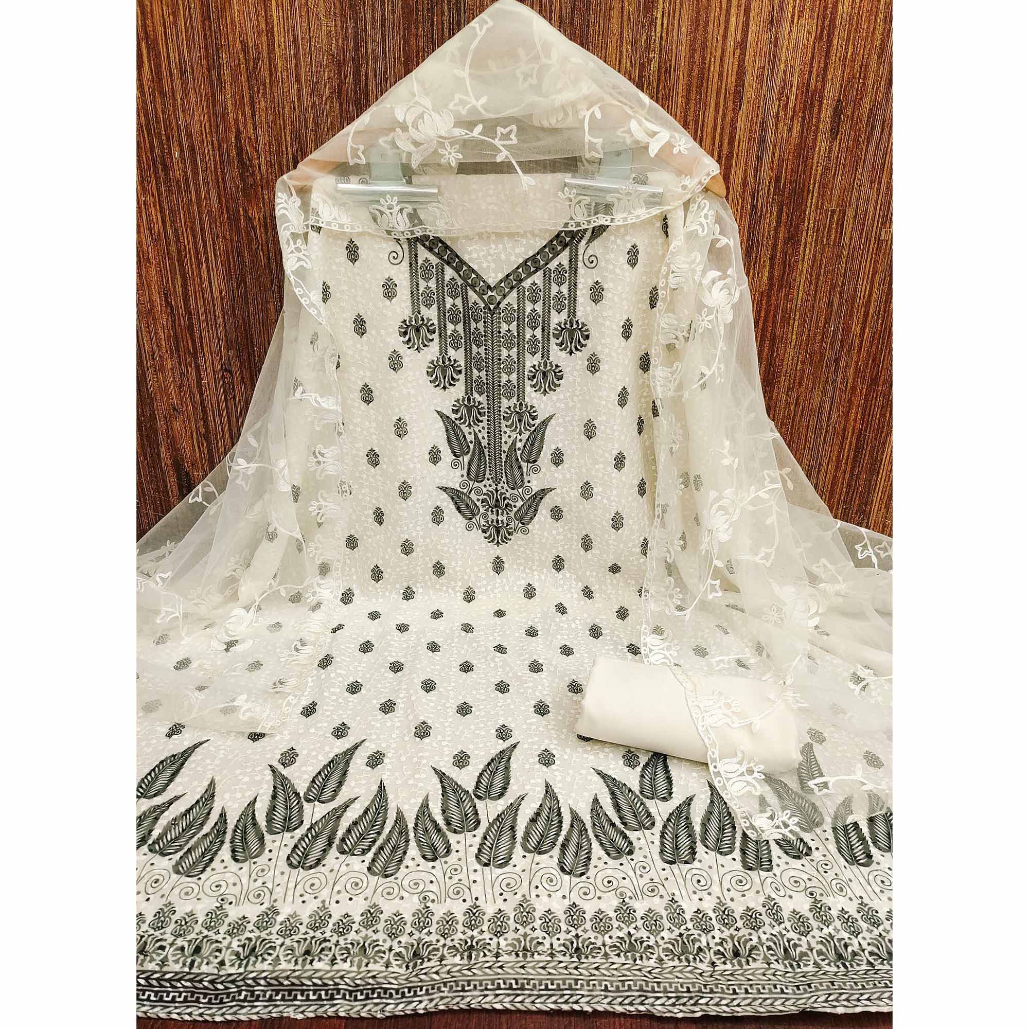 White & Black Schiffli Embroidered Georgette Dress Material With Floral Digital Print