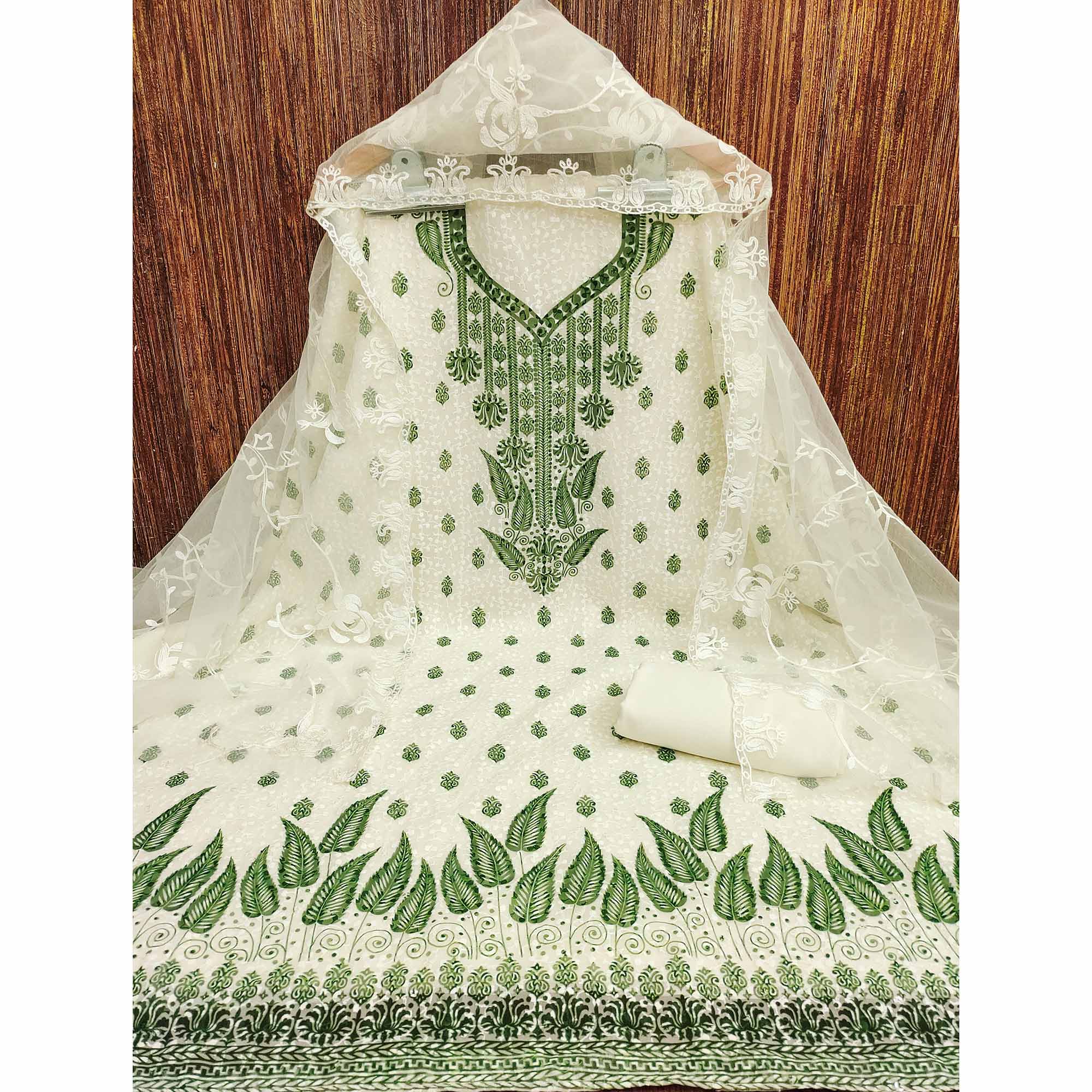 White & Green Schiffli Embroidered Georgette Dress Material With Floral Digital Print