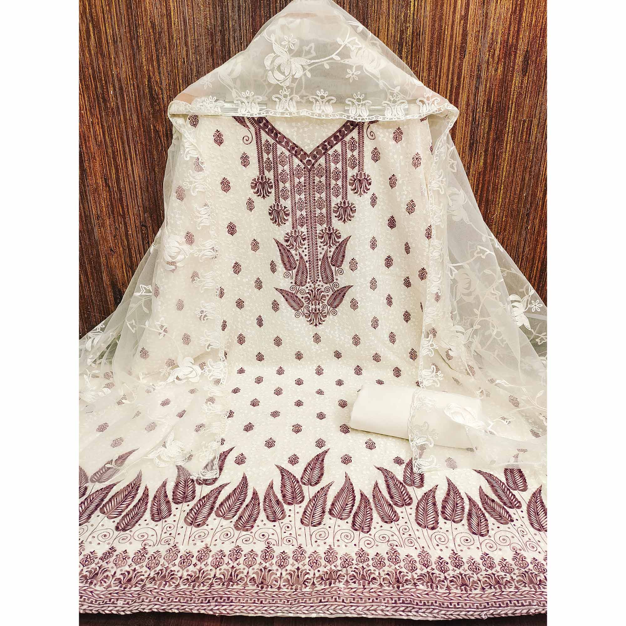 White & Wine Schiffli Embroidered Georgette Dress Material With Floral Digital Print