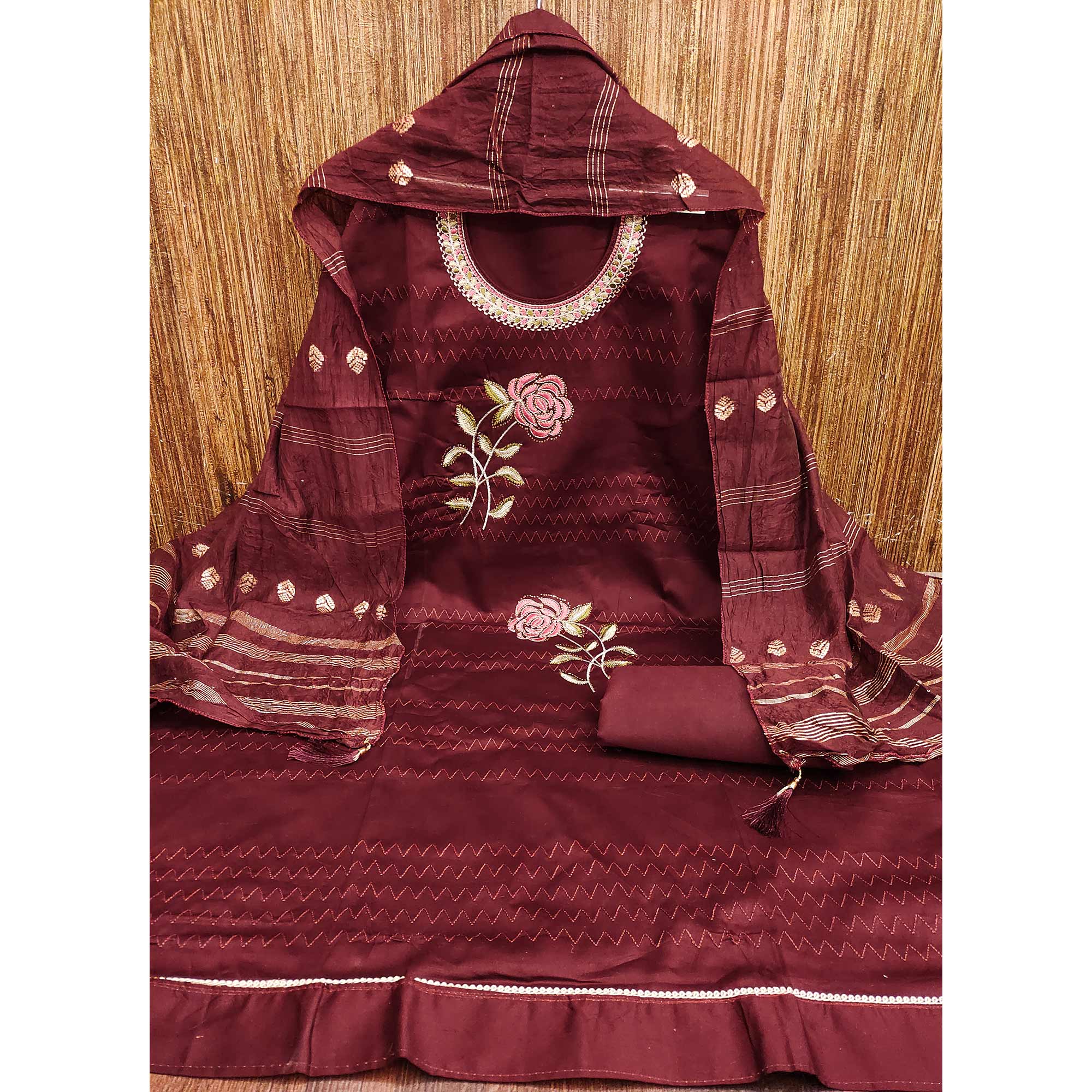 Maroon Cotton Blend Dress Material Adorned With Swarovski Accents and Floral Threadwork
