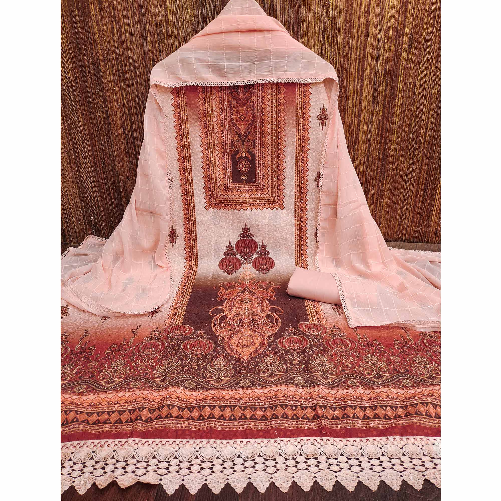 Peach Cotton Blend Dress Material With Elegant Schiffli Work & Artistic Digital Print