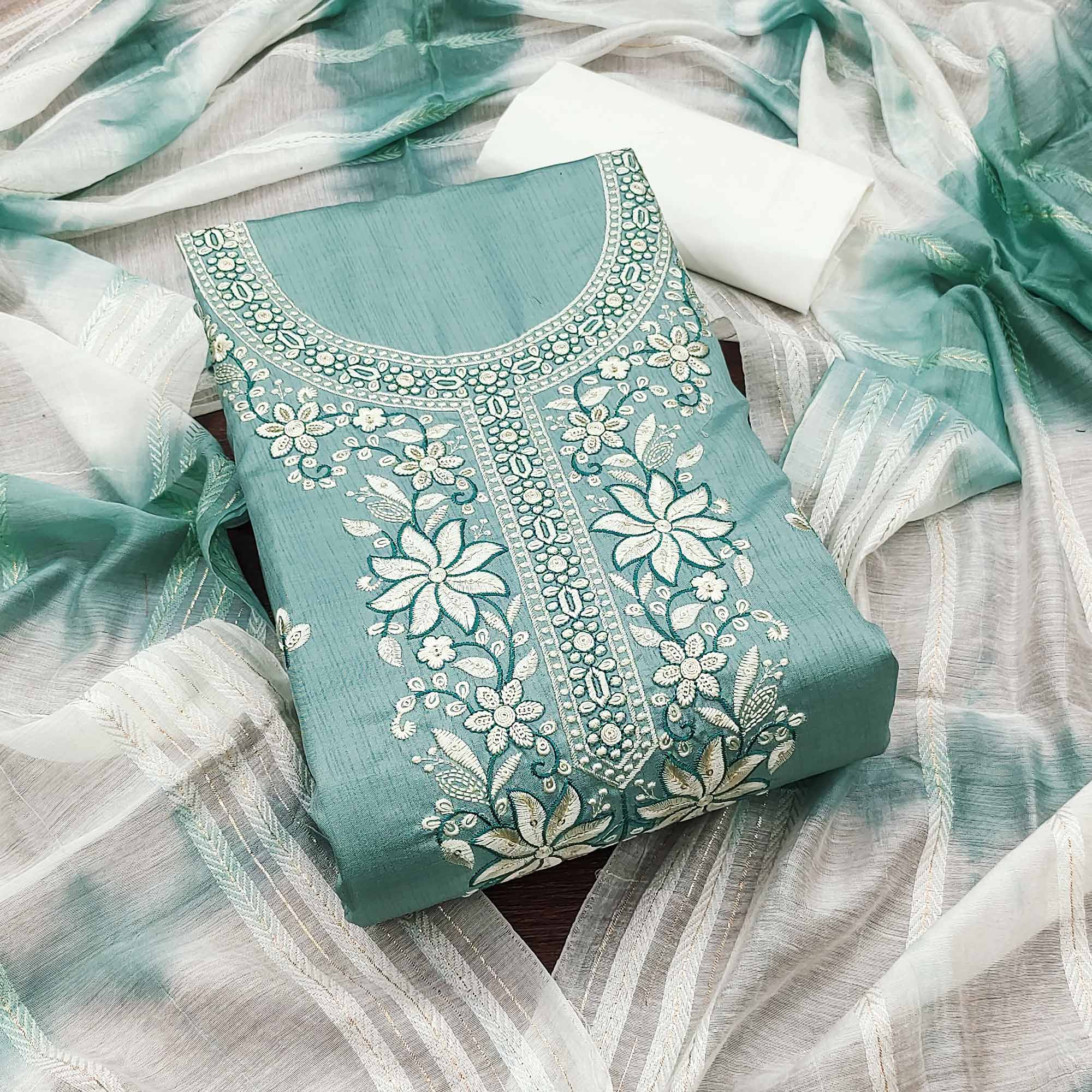 Blue Floral Sequins Embroidered Cotton Silk Dress Material