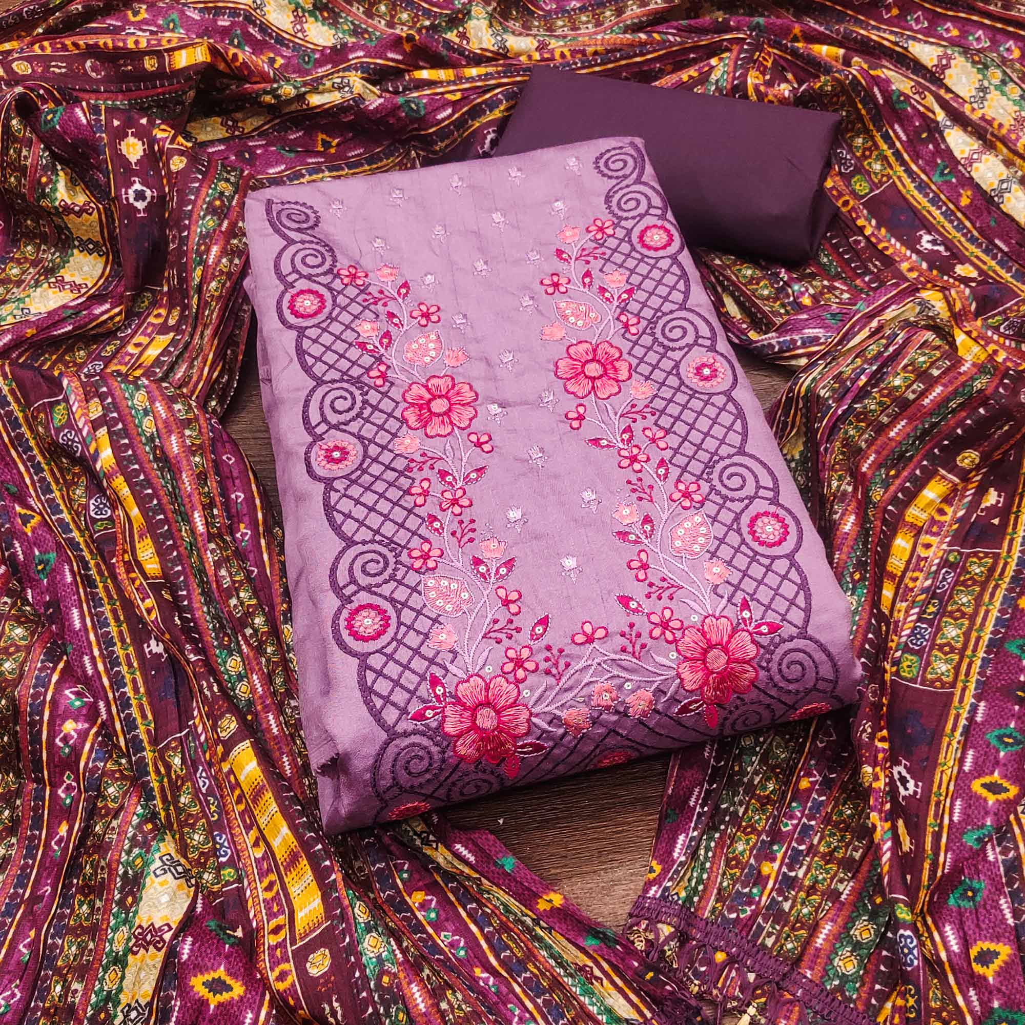 Purple Floral Sequins Embroidered Cotton Silk Dress Material