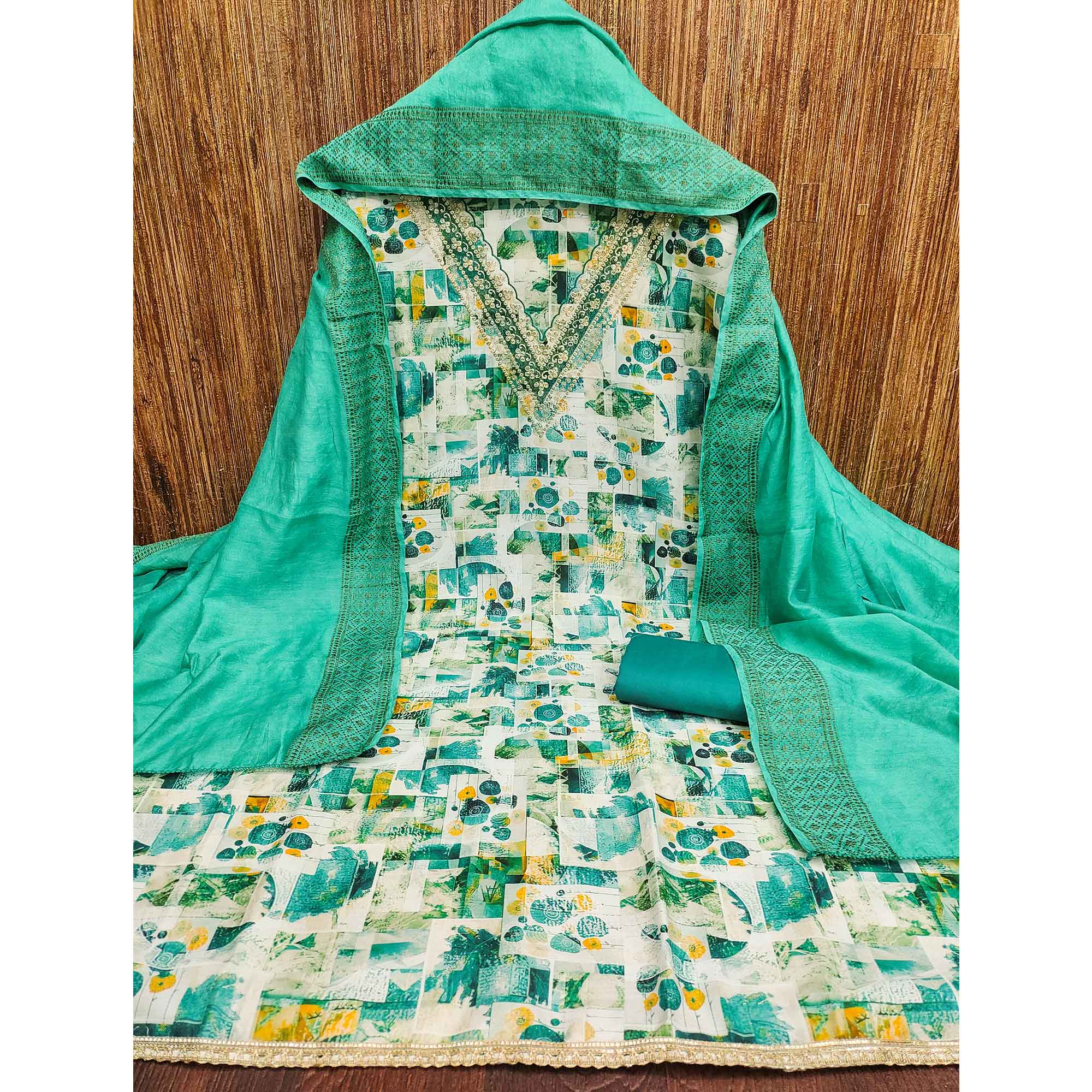 Rama Green Digital Printed Cotton Blend Dress Material With Intricate Neck Embroidery