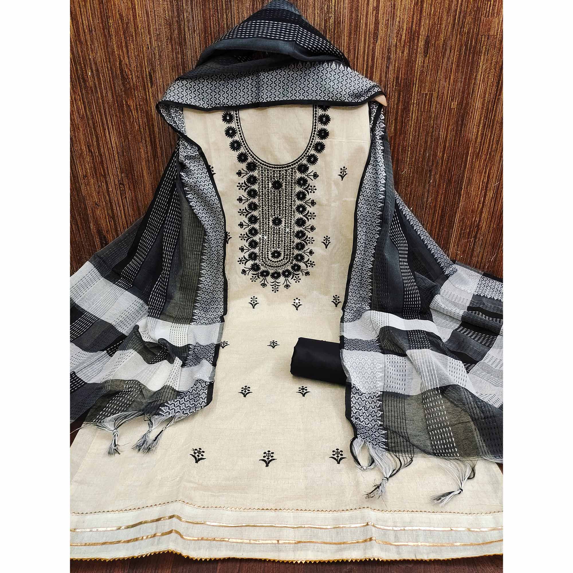 Cream & Black Floral Sequins Embroidered Cotton Blend Dress Material