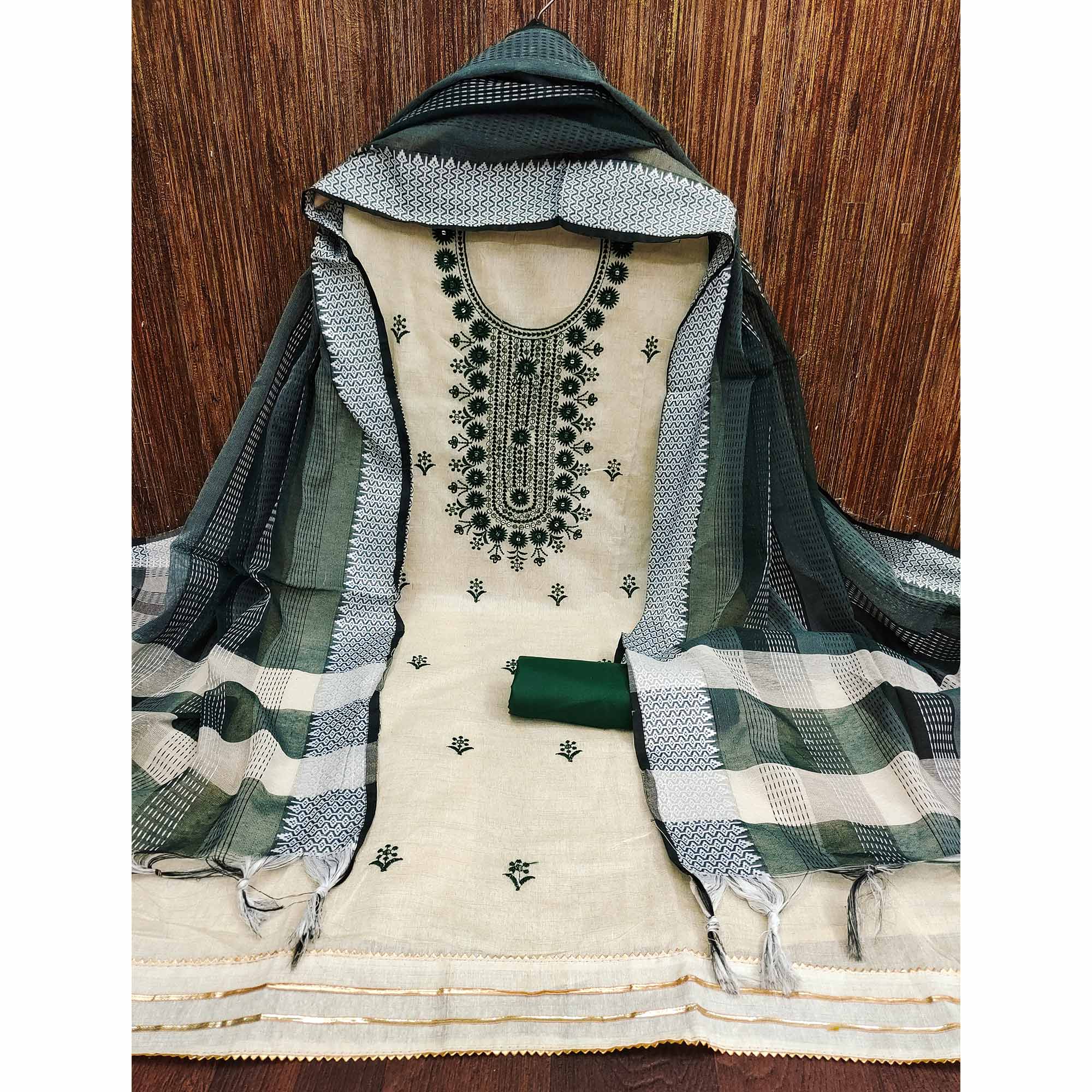 Cream & Green Floral Sequins Embroidered Cotton Blend Dress Material
