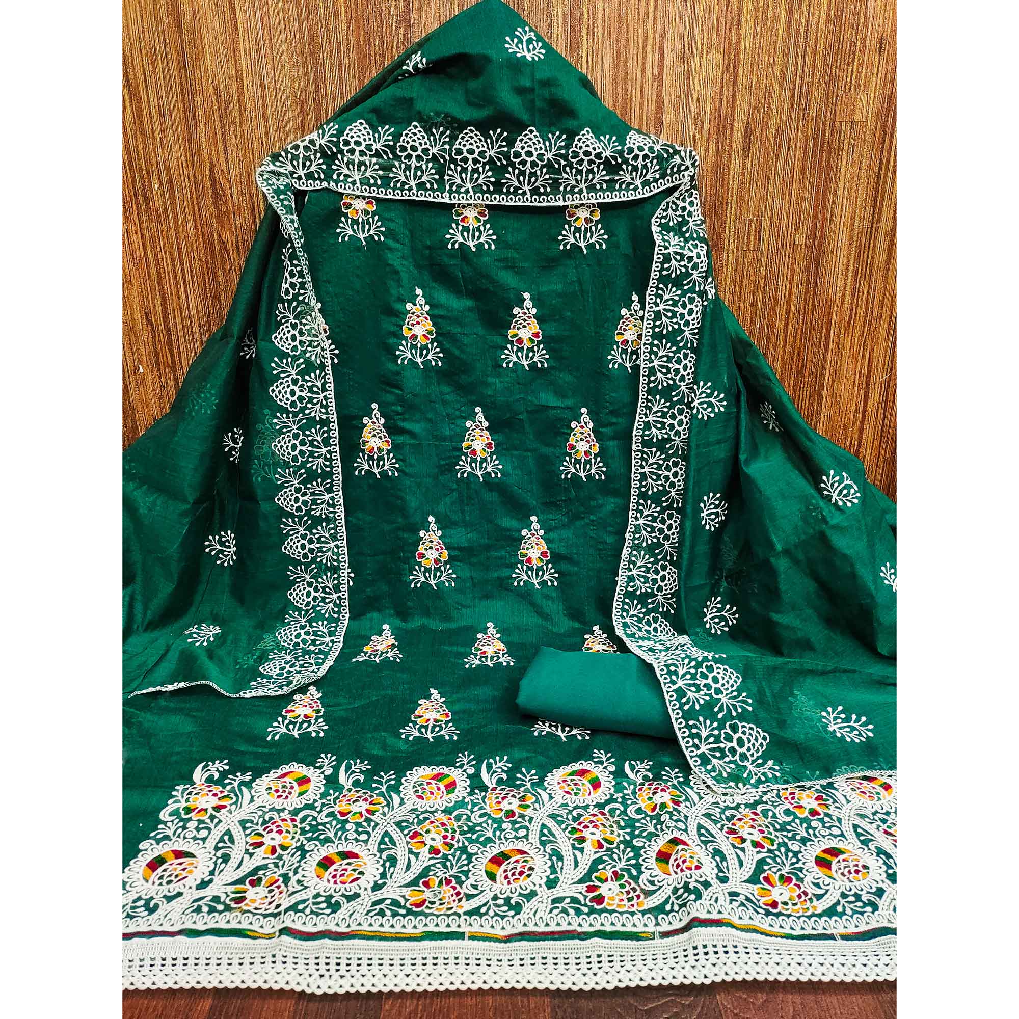 Bottle Green Chanderi Cotton Dress Material with Elegant Floral Thread Embroidery