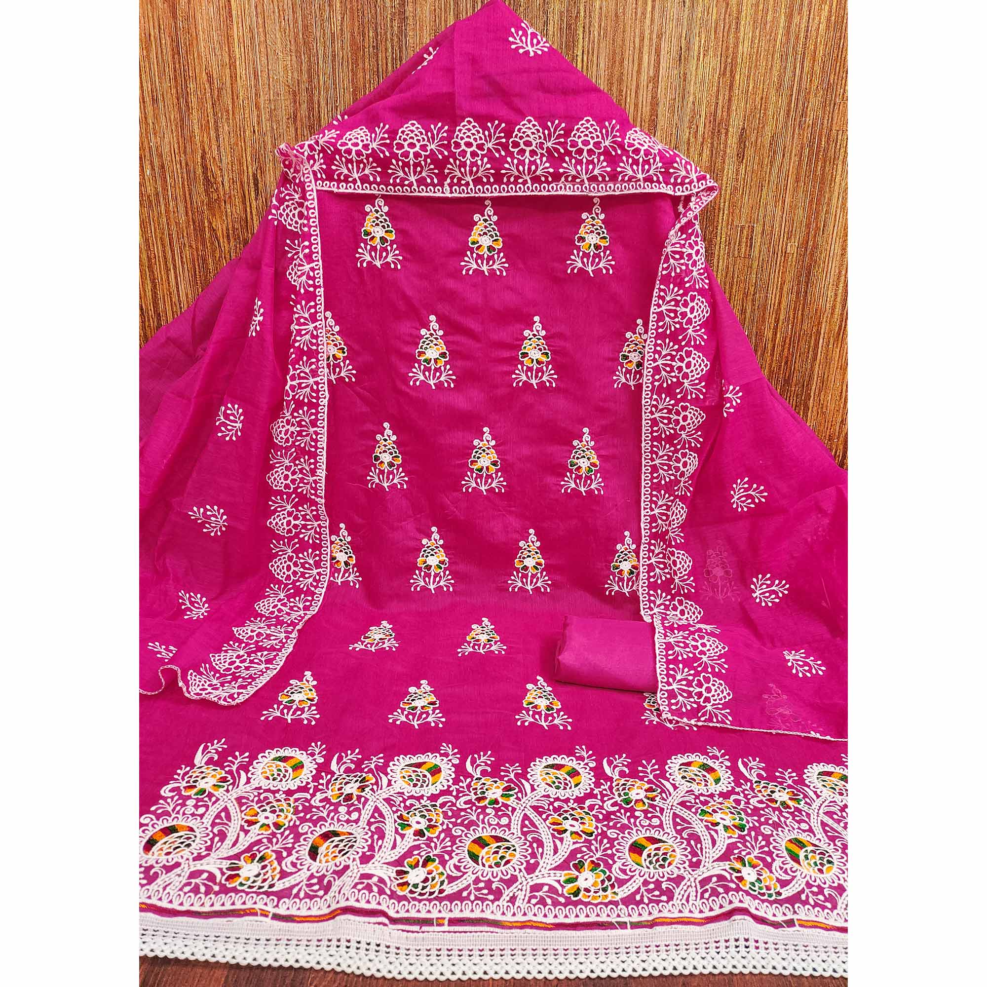 Rani Pink Chanderi Cotton Dress Material with Elegant Floral Thread Embroidery