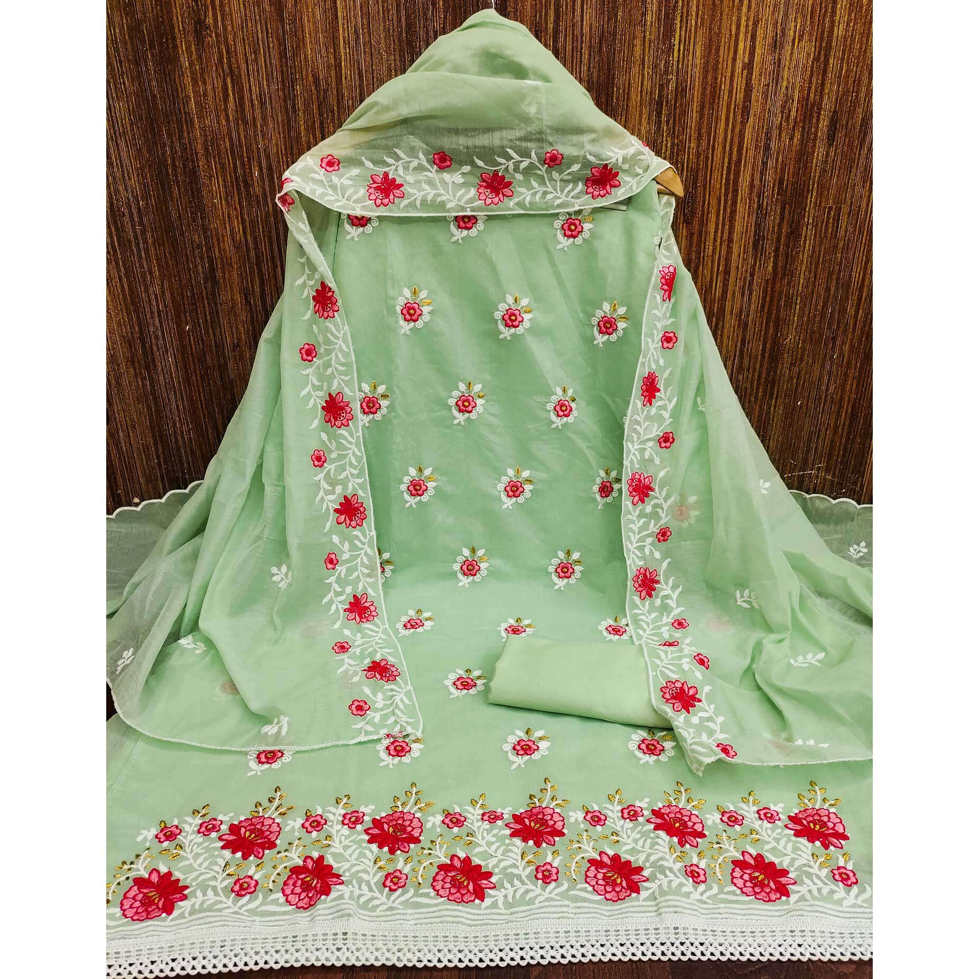 Pista Green Floral Embroidered Chanderi Cotton Dress Material