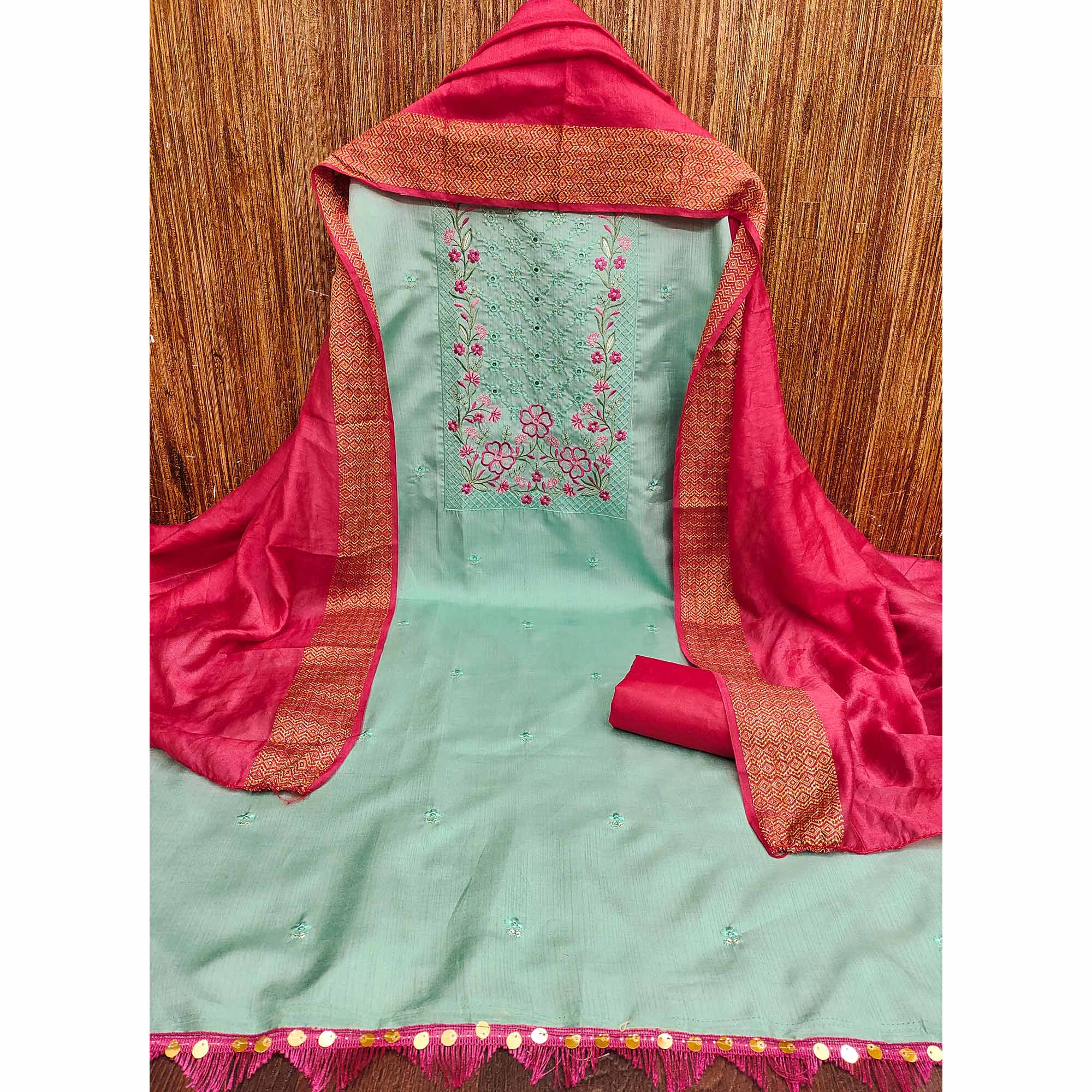 Turquoise Floral Sequins Embroidered Cotton Silk Dress Material