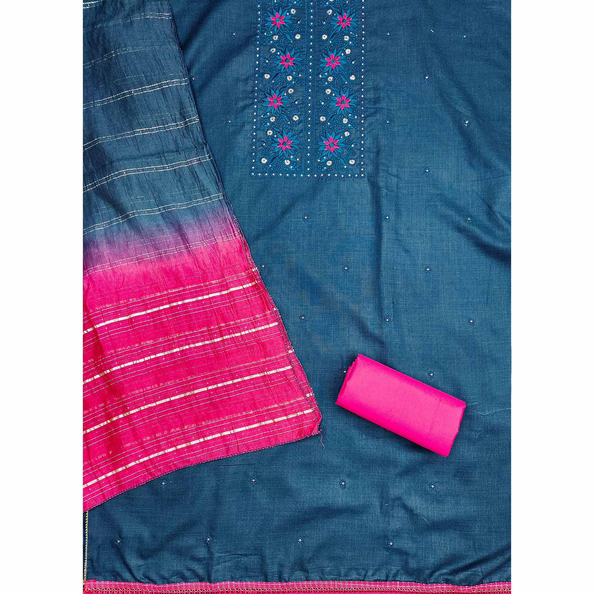 Blue Floral Sequins Embroidered Slub Cotton Dress Material