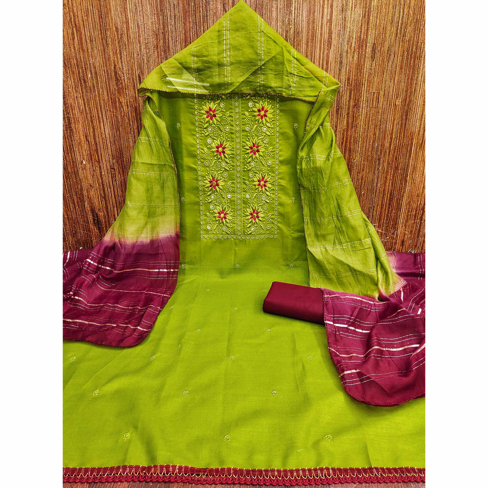 Green Floral Sequins Embroidered Slub Cotton Dress Material