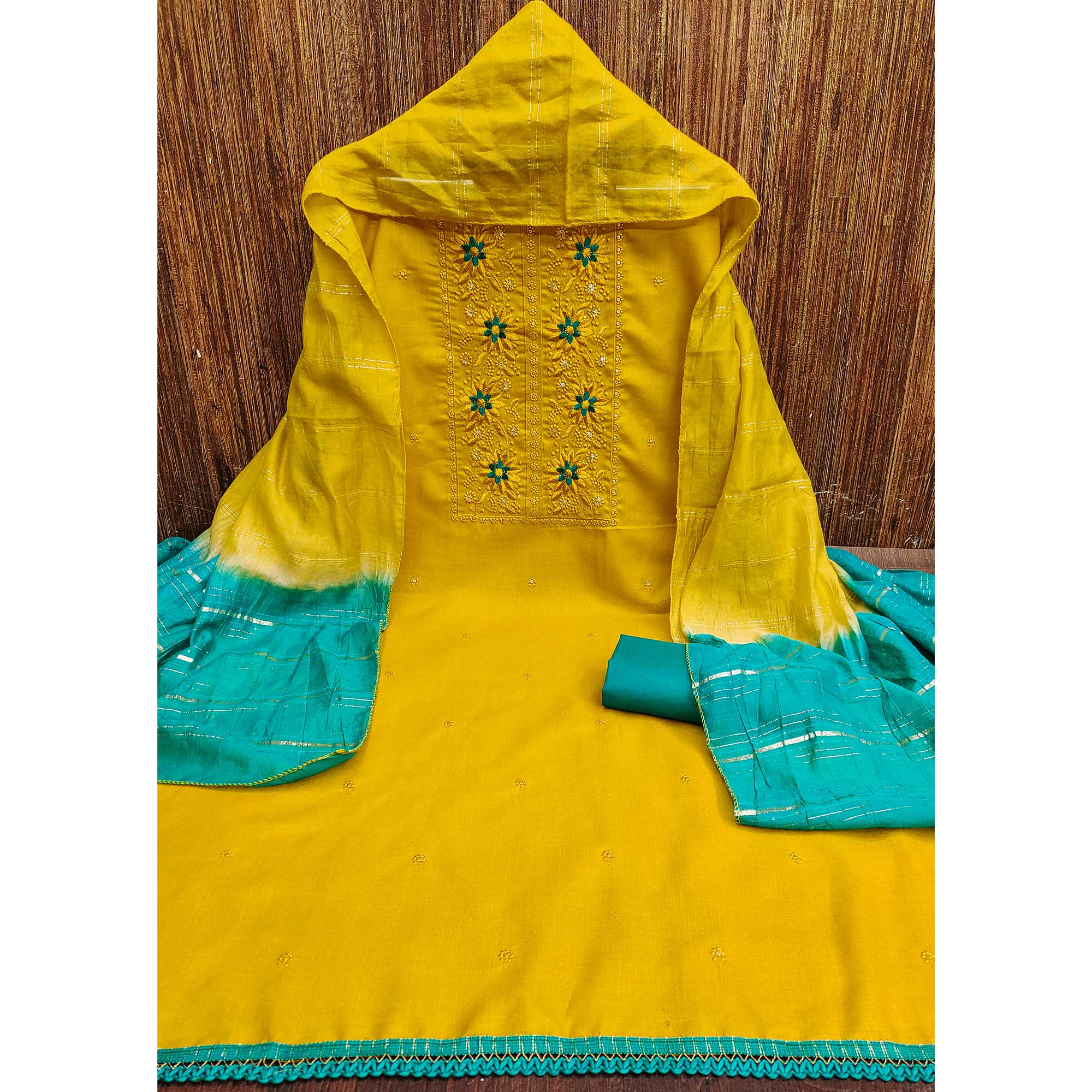 Yellow Floral Sequins Embroidered Slub Cotton Dress Material