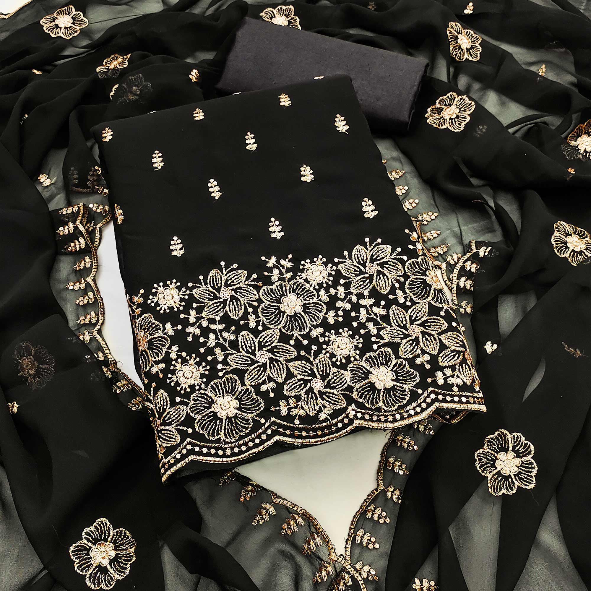 Black Floral Sequins Embroidered Georgette Dress Material