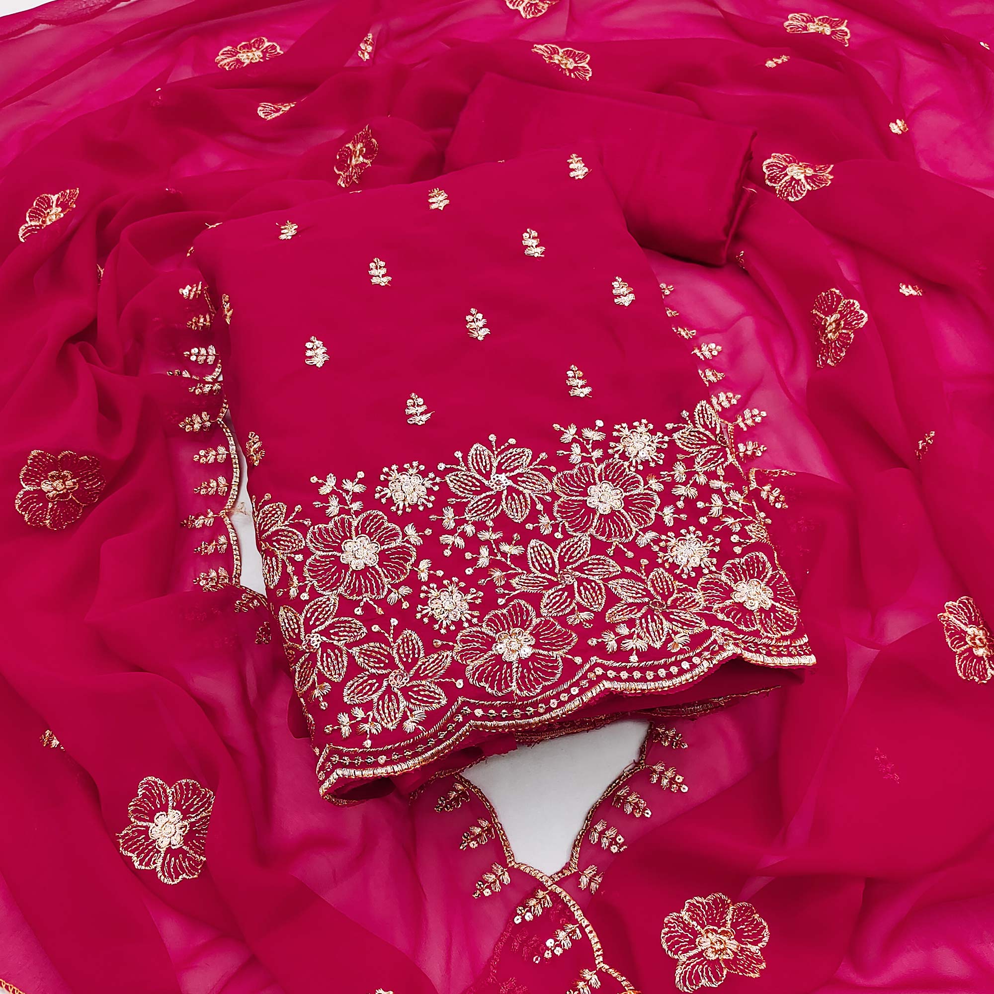 Pink Floral Sequins Embroidered Georgette Dress Material