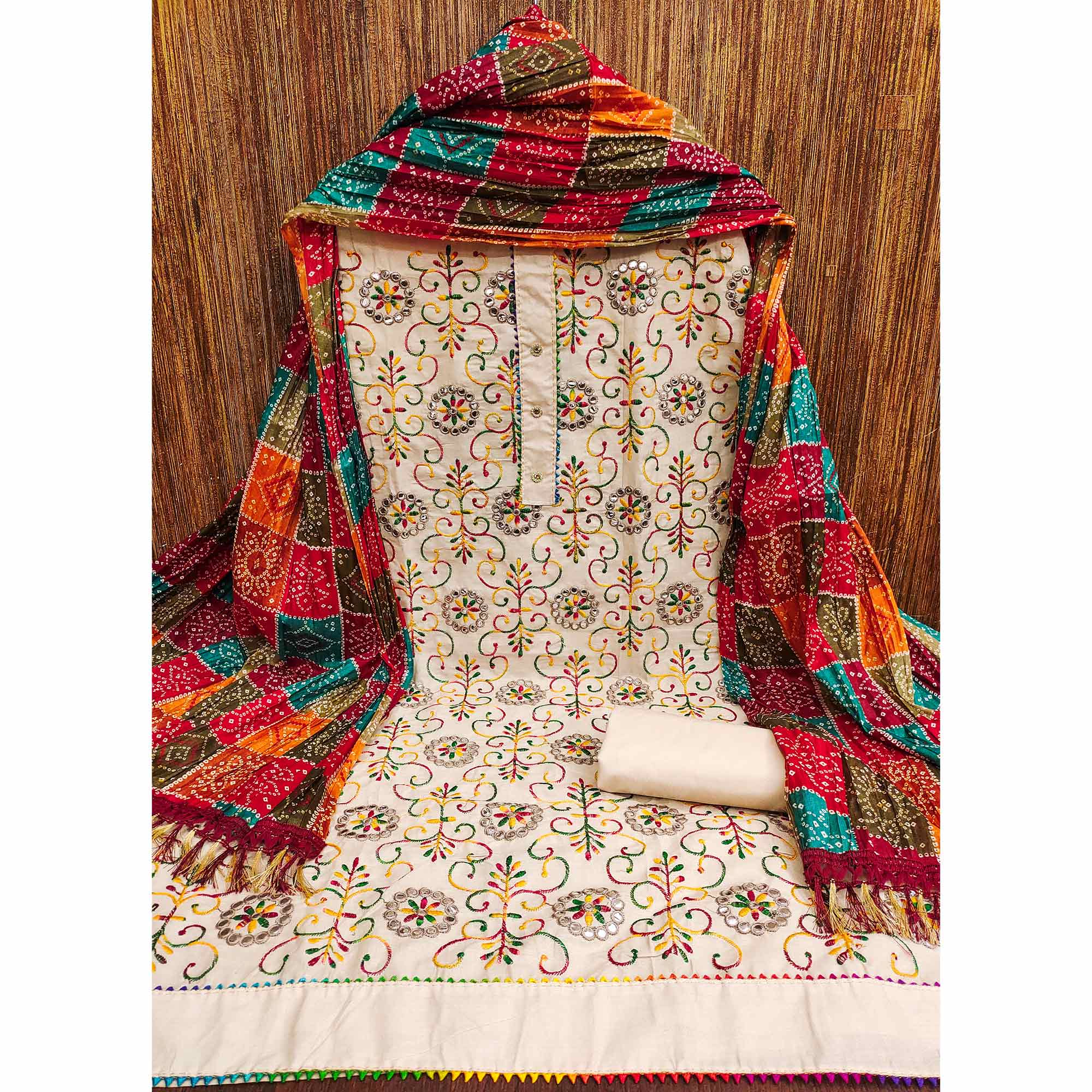 Cream Floral Thread Embroidered Dress Material In Soft Cotton Blend