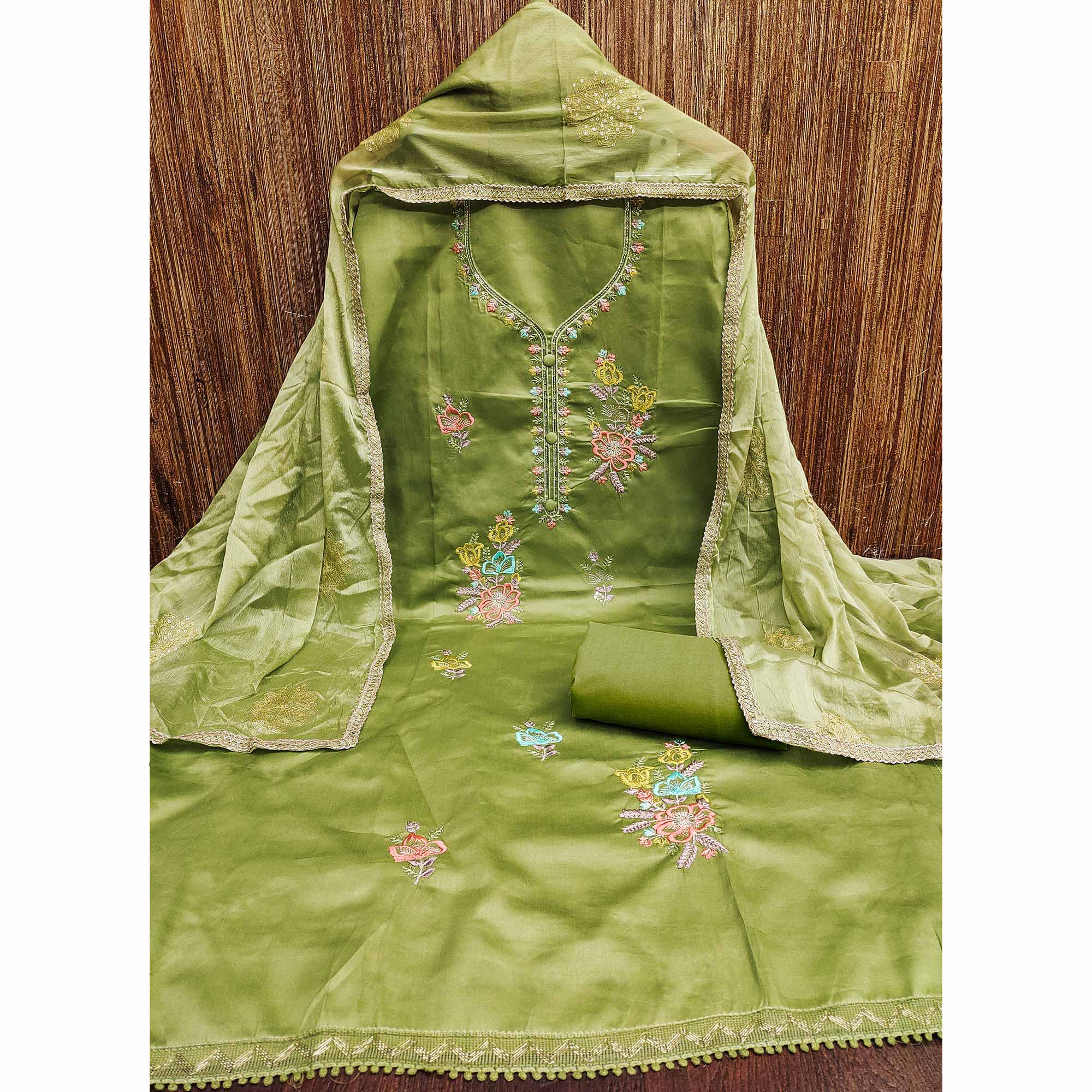 Breathable Pure Cotton Dress Material in Green with Floral Designs